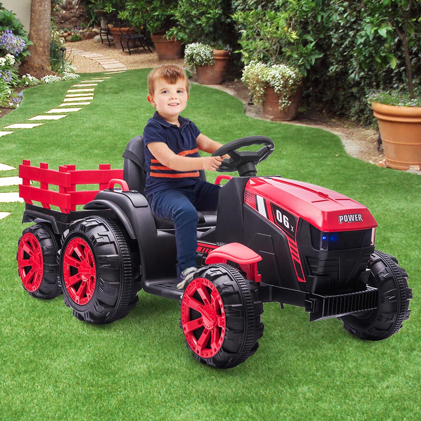 Garvee Ride - P Series: 12V Kids Ride On Tractor with Trailer, LED Lights for Boy Girl - Red
