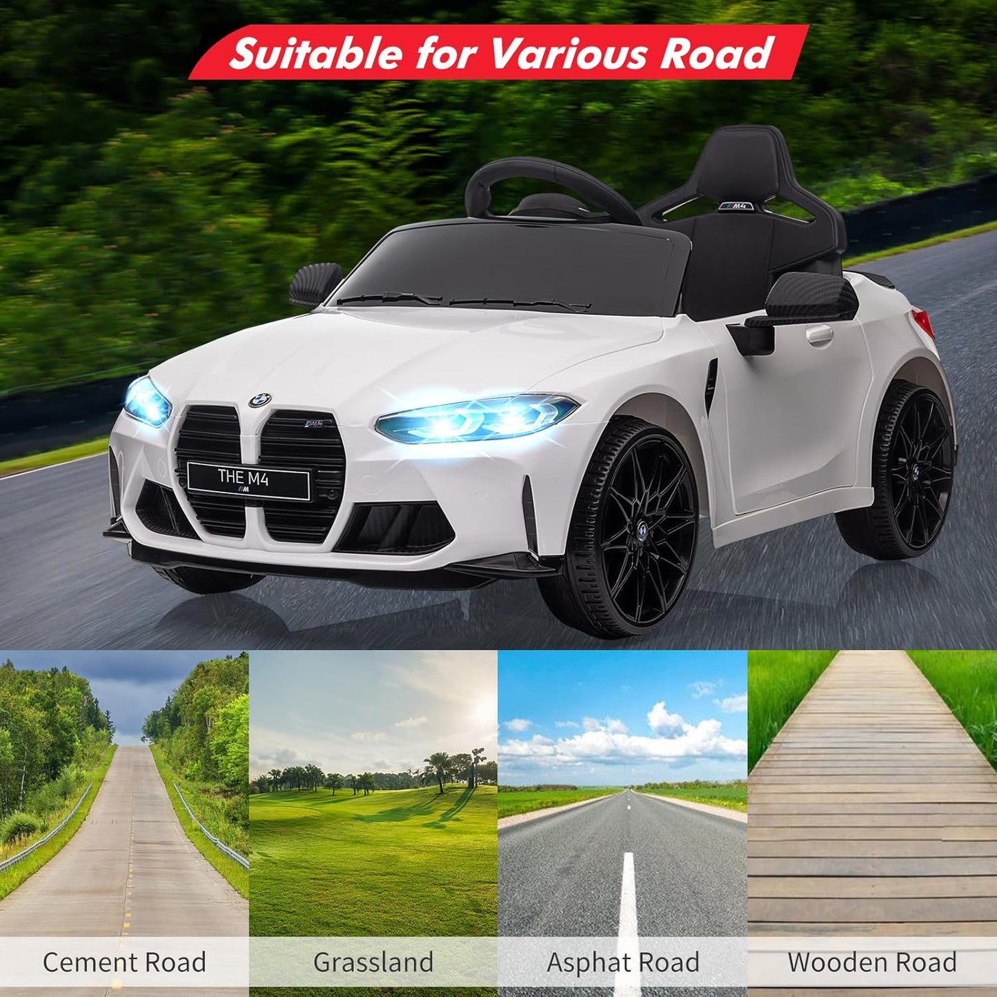 Garvee Ride - P Series: 12V Electric Ride On Car for 37-83 Months, w/RC,Licensed by BMW M4,Power Wheels for Boys Girls, with Suspension System,3 Speeds, Bluetooth, MP3, Double Door, LED Light - White