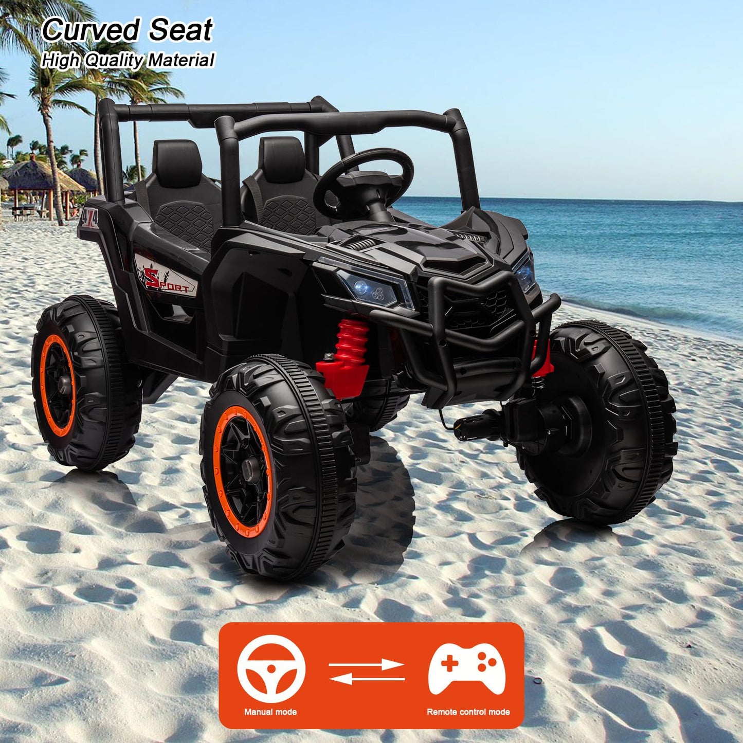 Garvee Ride - P Series: 24V 2-Seater Ride-On UTV: 4WD, Remote Control, Metal Frame, EVA Wheels, LED Lights, Spring Suspension, for Ages 3+ - Black