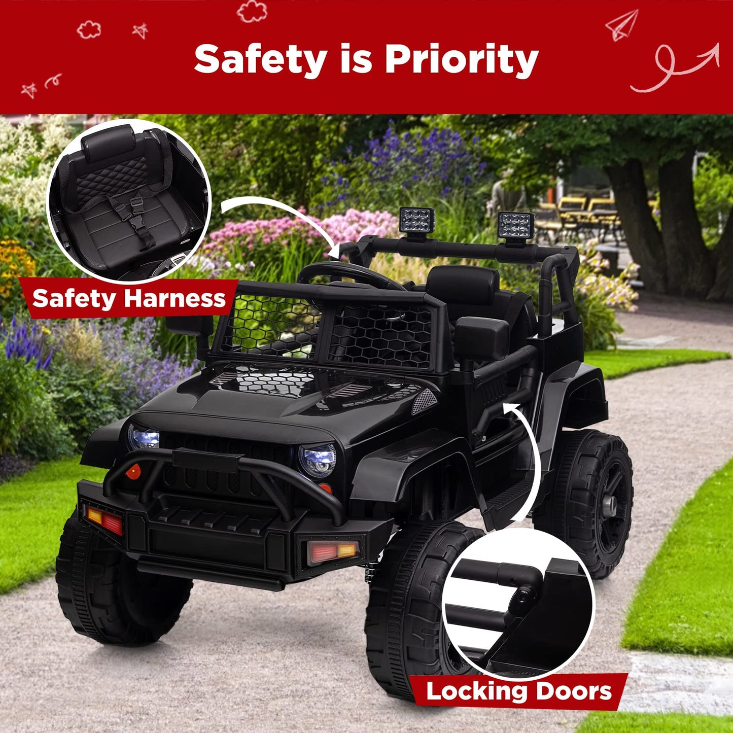 Garvee Ride - P Series: 12V Ride On Truck Car for kid : Remote Control, 3 Speeds, MP3 Music, Suspension, LED Lights,for 3+ Year Old - Black