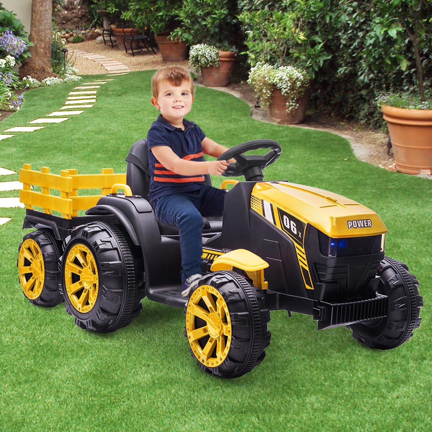 Garvee Ride - P Series: 12V Kids Ride On Tractor with Trailer, LED Lights for Boy Girl - Yellow