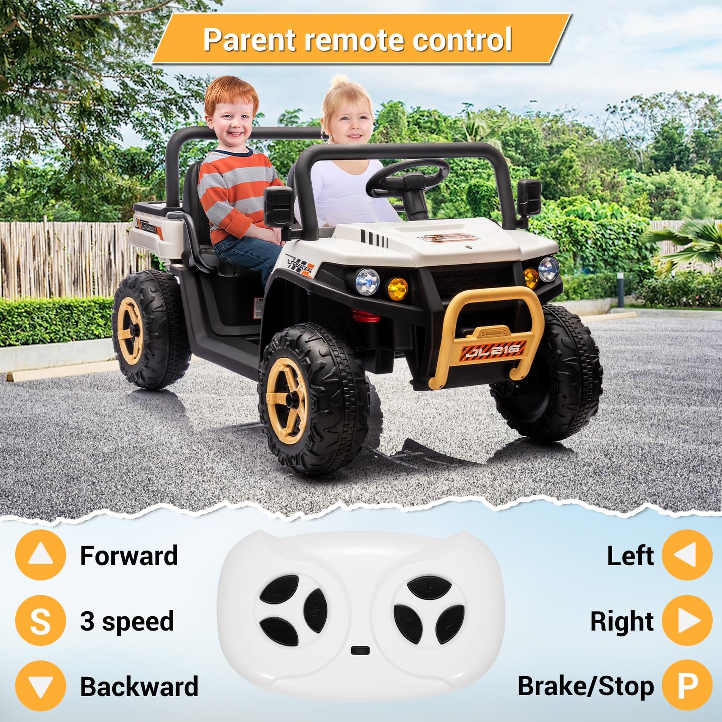 Garvee Ride - P Series: 24v Ride On Dump Truck, 2 Seater Electric Ride On Car Toy for Kids, Battery Powered UTV with 4x35W Motors, Shovel, Bluetooth, Remote Control, Music, LED Lights for Boys & Girls - White