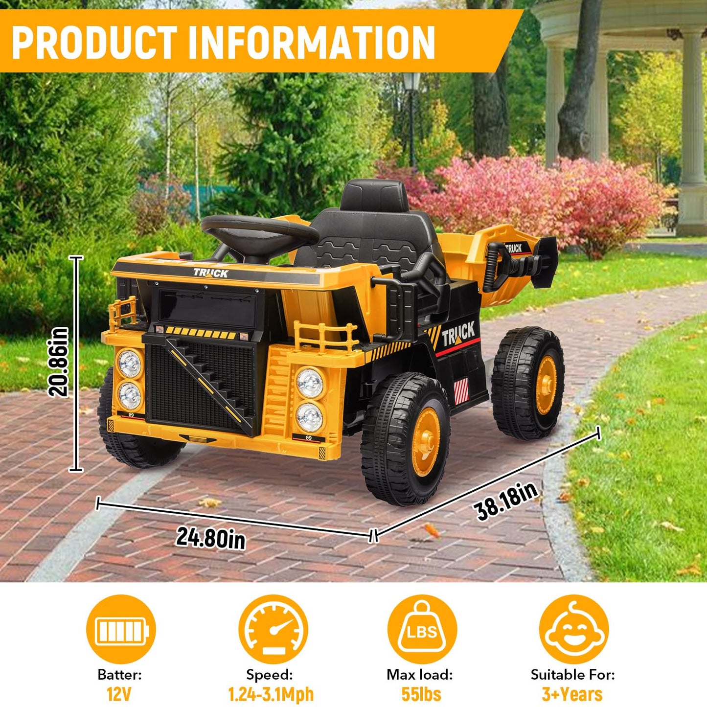 Garvee Ride - P Series: 12V Ride On Construction Vehicle for Kids With Remote Control, Electric Dump Bed,Shovel,Music Player, and Four Wheel Shock Absorption for Kids 3+(Yellow)
