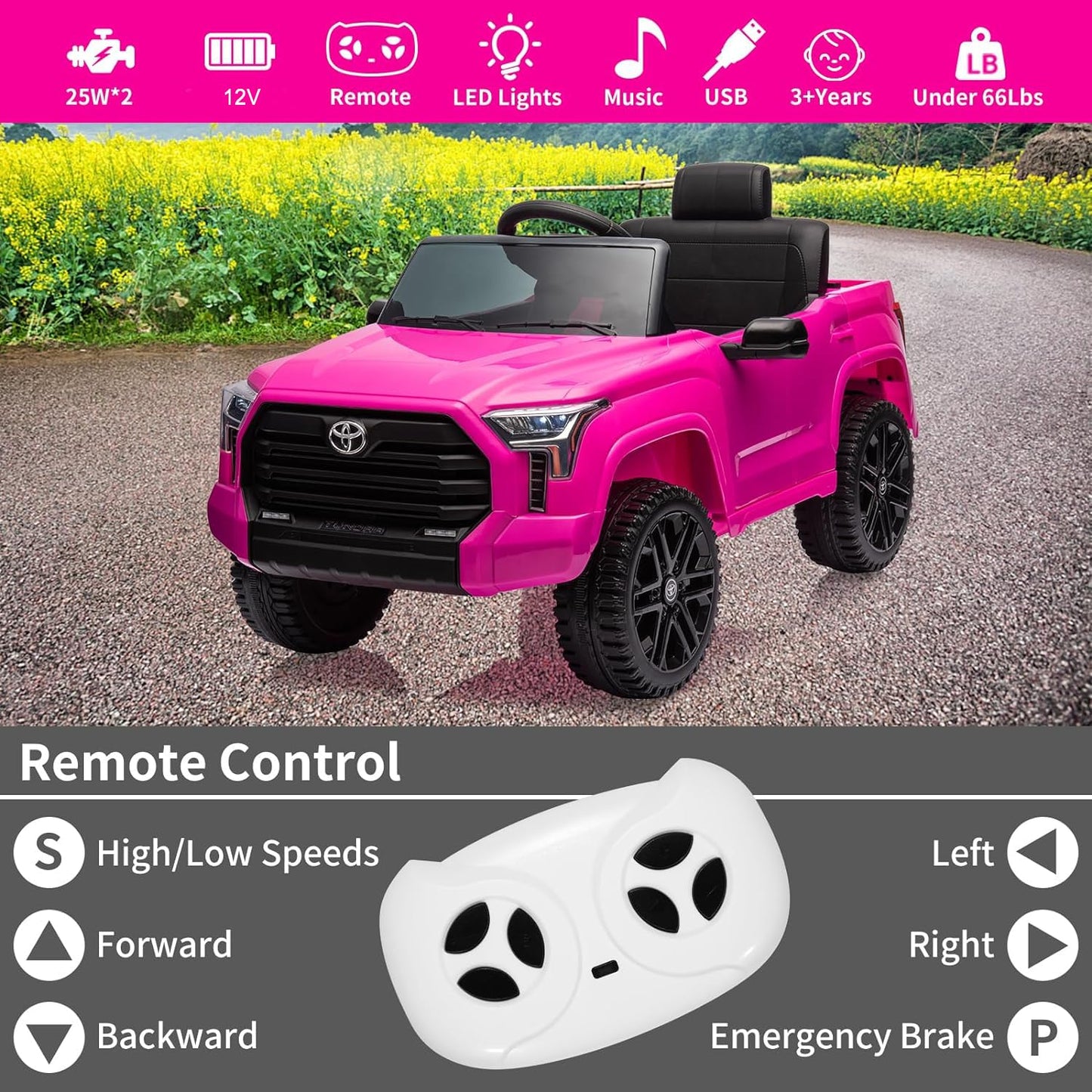 Garvee Ride - P Series: 12V Ride on Car For Kids Age 3+ , Licensed Toyota, with Remote Control, MP3, LED Lights, Suspension System, Double Doors, Safety Belt, Ride On Toys for Boys Girls - Rose