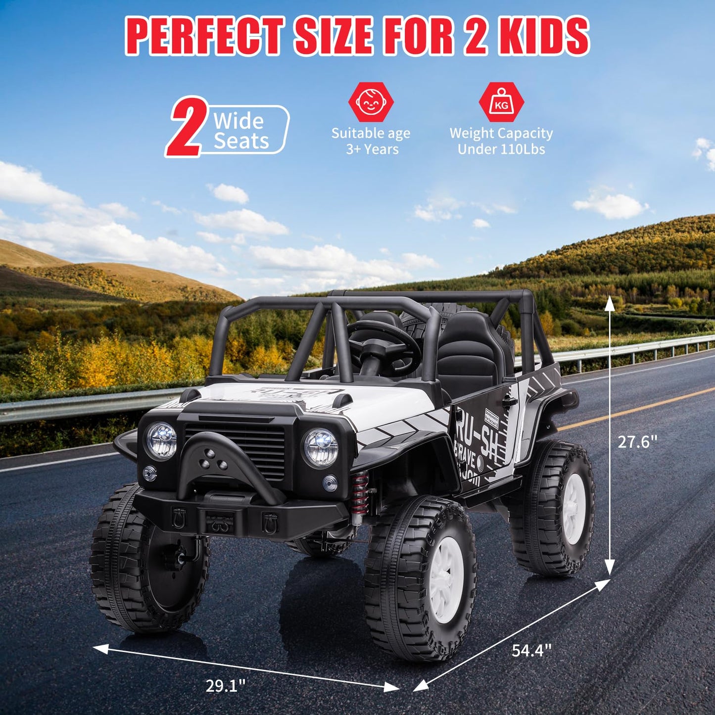 Garvee Ride - P Series: 2-Seater Ride On Truck for Kid, 24V Battery Powered Kids Car with Remote Control, 19" Extra Wide Seat, 2 Motors, Led Light, Enhanced Suspension - White