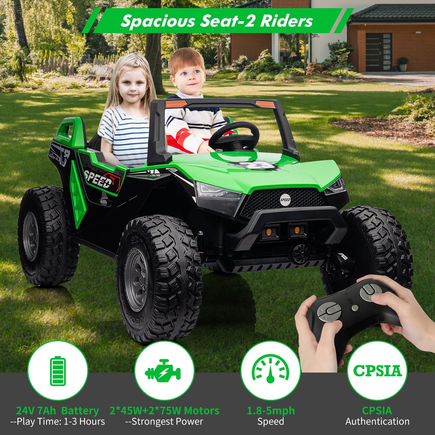 Garvee Ride - P Series: 24V 2-Seater Ride-On UTV: Remote Control, 4WD Motors, 21" Seats + Foldable Seat, 15.4" EVA Wheels, Music, LED Lights, 140lb Max Load - Green