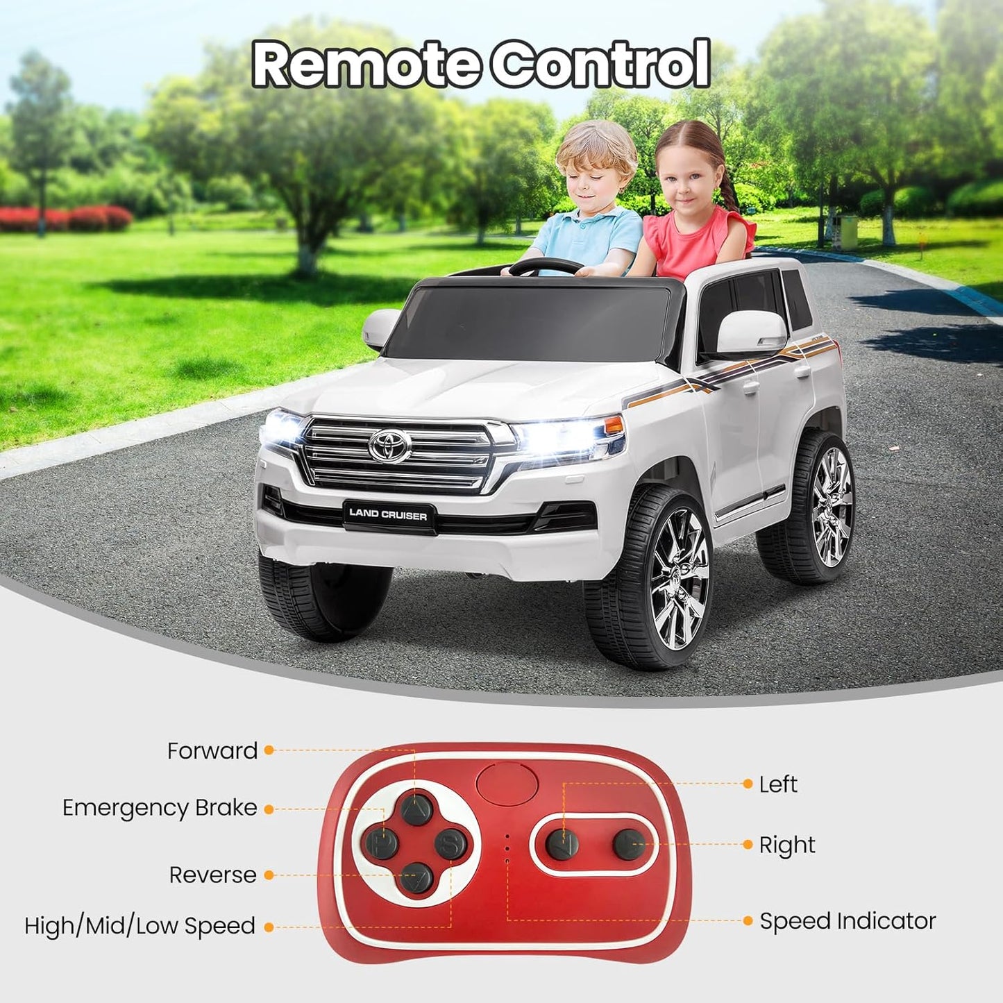 Garvee Ride - P Series: 12V Toyota Land Cruiser Kids' Car: Remote, LED, 3 Speeds, Dual 45W Motors, USB Music, Seat Belt, CPC & ASTM Approved - White