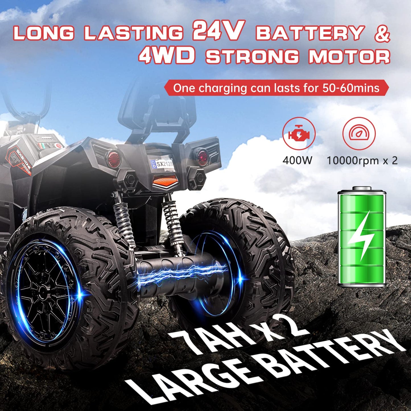 Garvee Ride - P Series: 24V Kids ATV, Ride on Car 4WD Quad Electric Vehicle, 4x80W Powerful Engine, with 7AHx2 Large Battery, Accelerator Handle, EVA Tire, Full Metal Suspension, LED Light, Bluetooth&Music - Blake