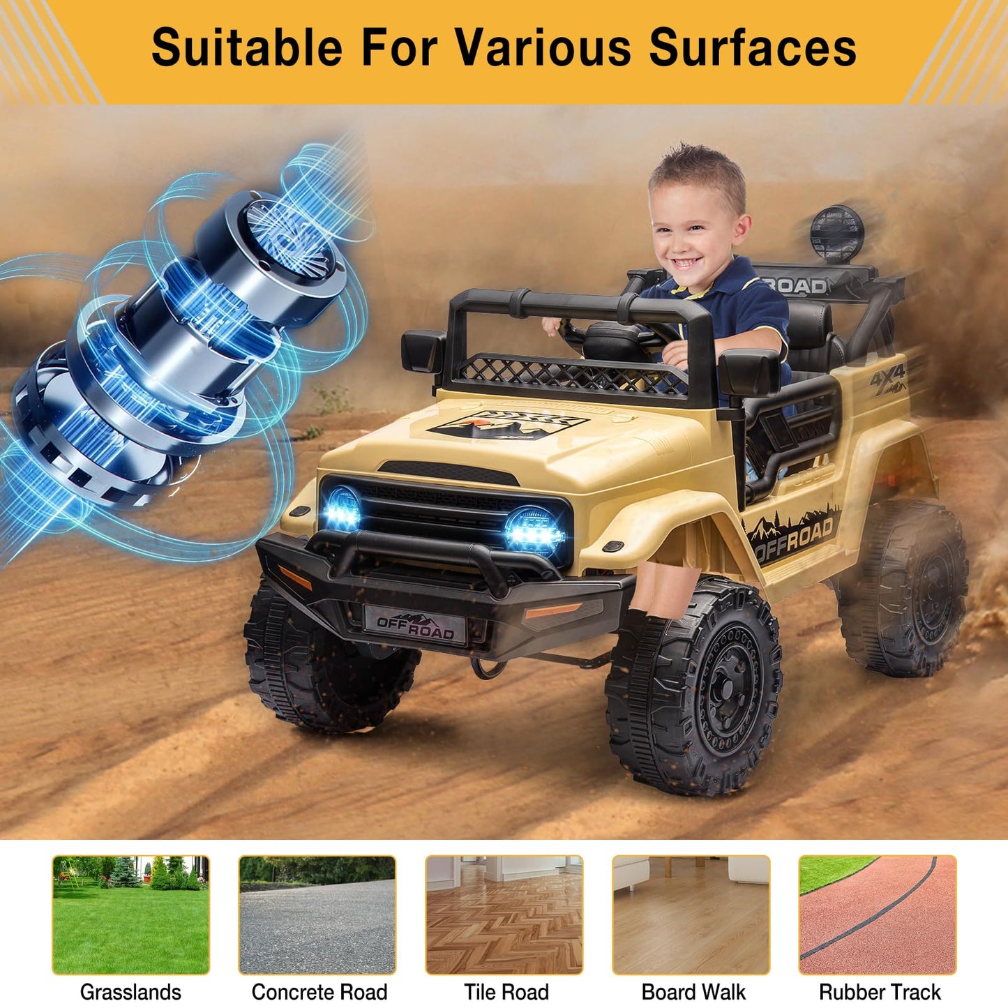 Garvee Ride - P Series: 12V Power Wheel Electric Car for Kids, Ride on Toys with Led Lights Bluetooth, 3 Speeds, Spring Suspension - Yellow