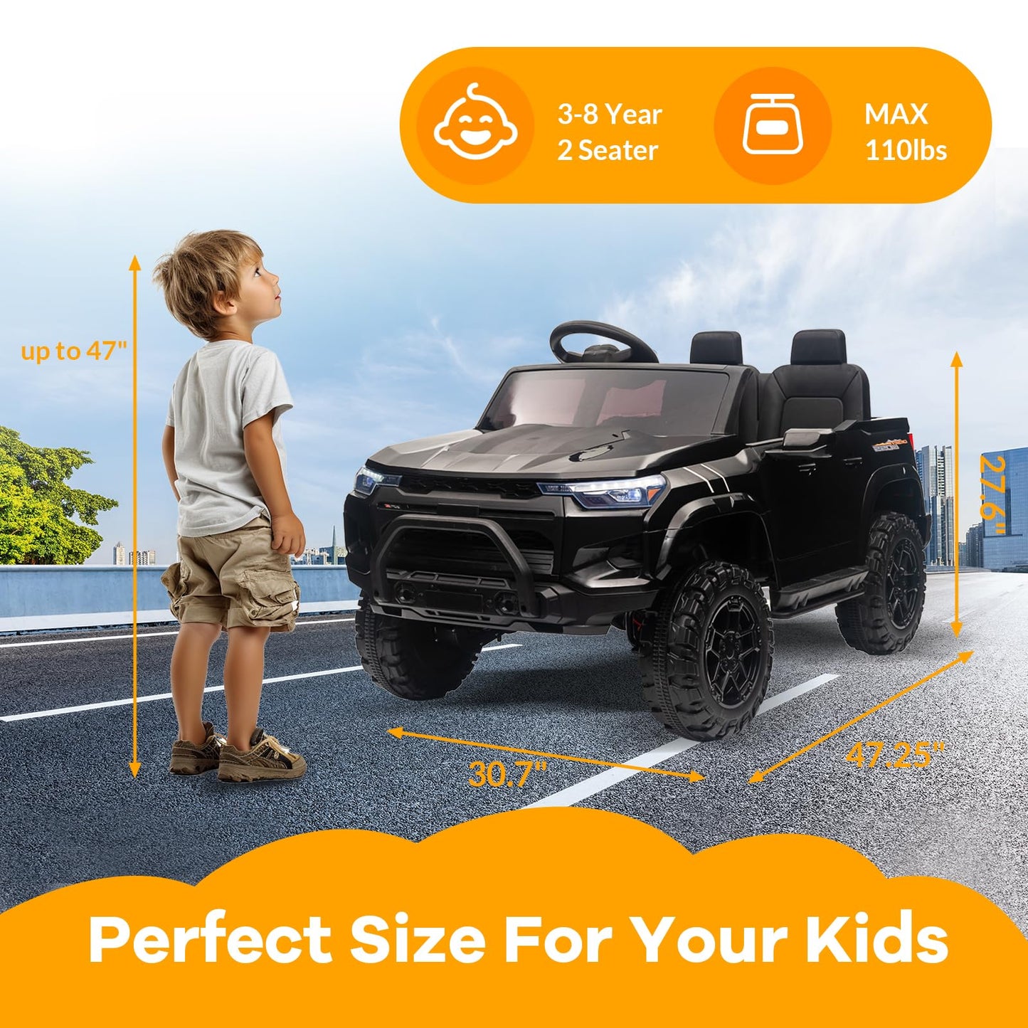 Garvee Ride - P Series: 2 Seater Truck Car Toys, Ride on Car Electric Vehicles w/Remote Control, 24V Battery, Dual Drive, LED Lights, Bluetooth, MP3, Battery Powered Electric Cars for Kids, Black