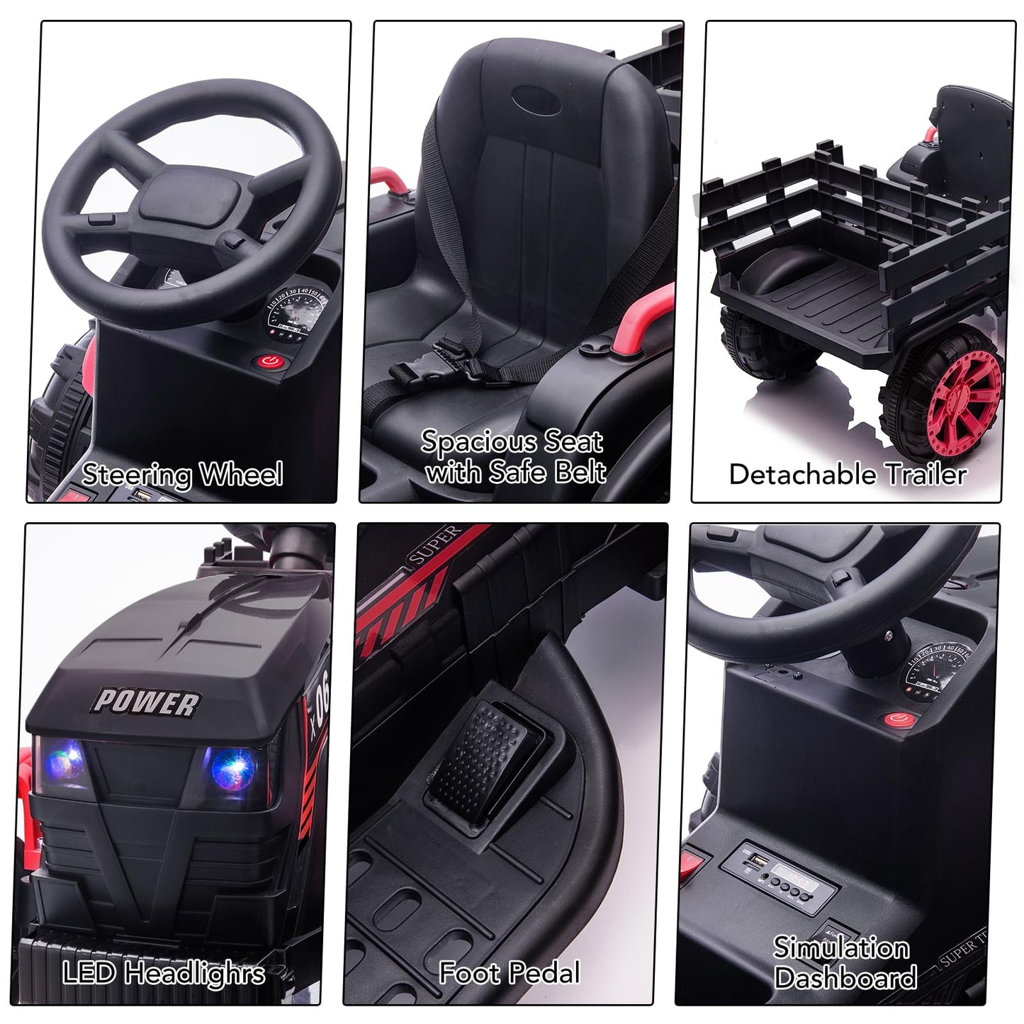 Garvee Ride - P Series: 12V Kids Ride On Tractor with Trailer, LED Lights for Boy Girl - Black