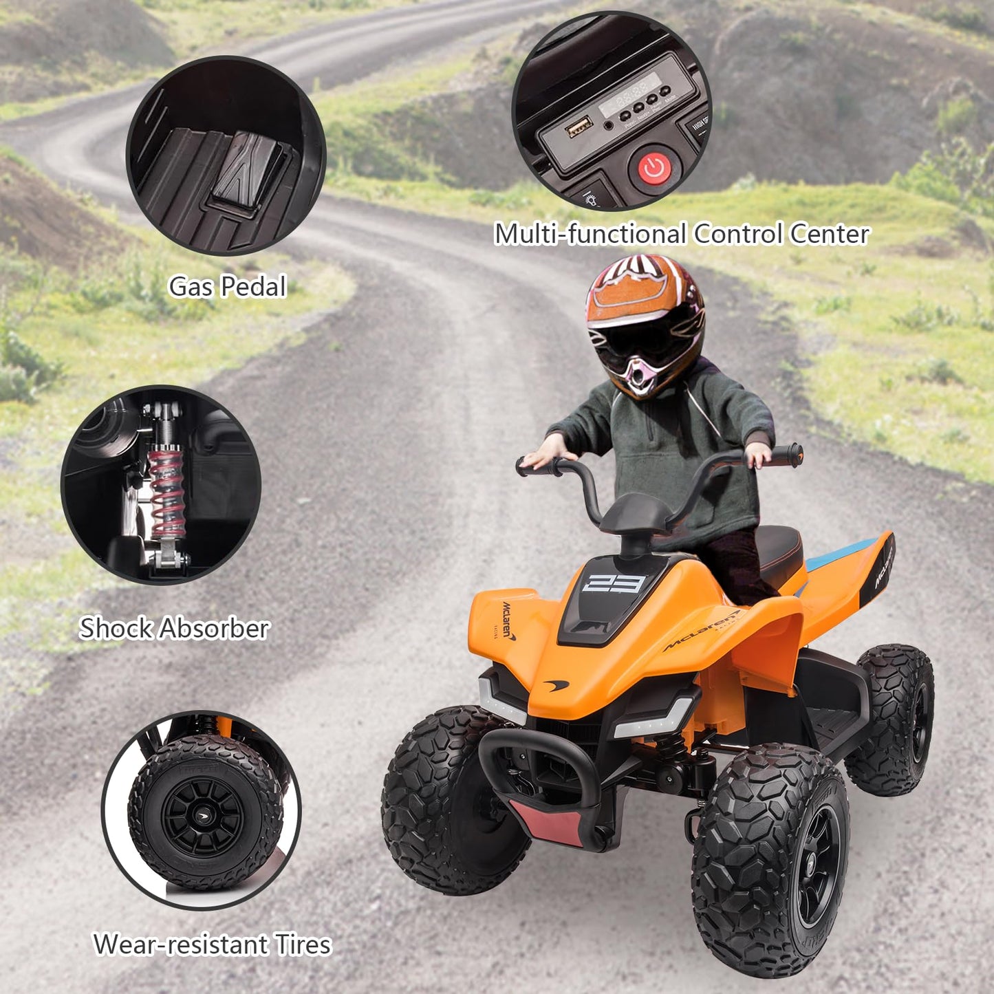 Garvee Ride - P Series: 24V Battery Powered Kids Electric Vehicle, 4 Wheeler Quad w/Headlights,MP3,USB,Volume Control, Large Seat, Electric Ride on Toys Best Gifts for 18-36 Months Boys and Girls (Orange)