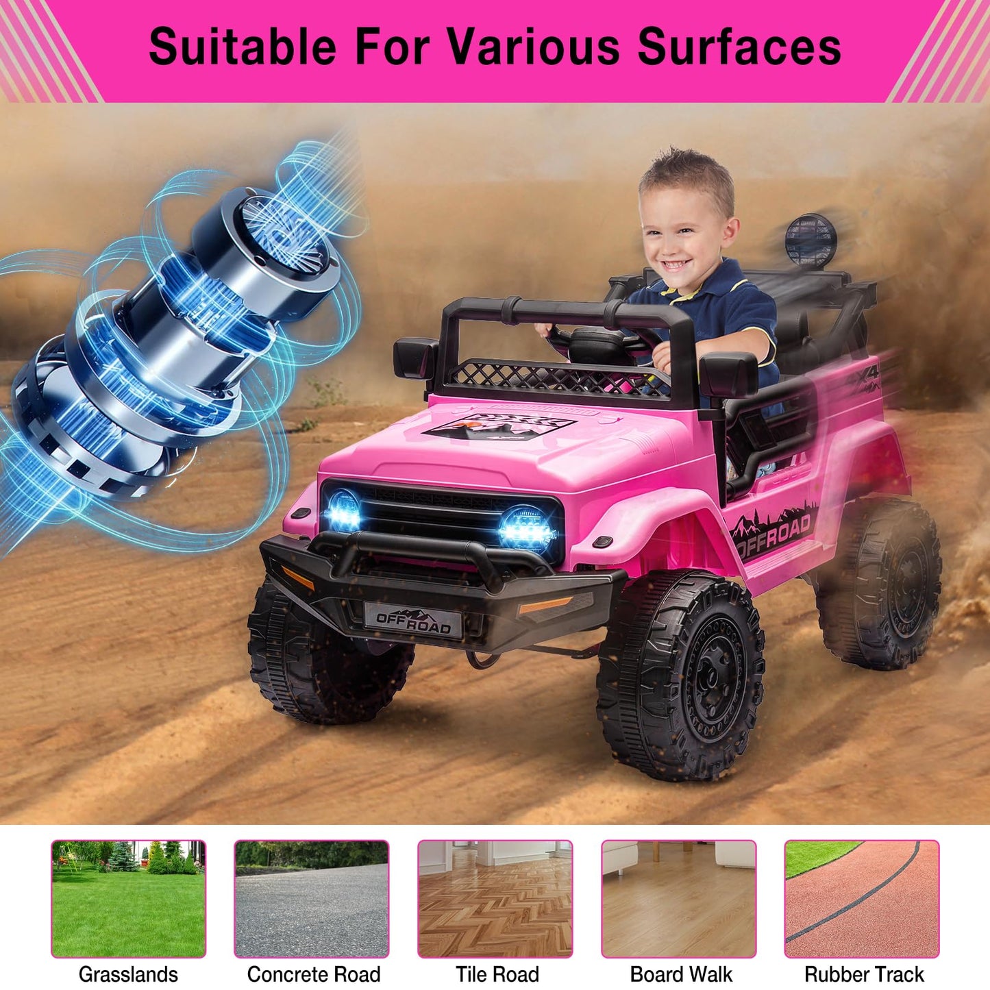 Garvee Ride - P Series: 12V Power Wheel Electric Car for Kids, Ride on Toys with Led Lights Bluetooth, 3 Speeds, Spring Suspension - Pink