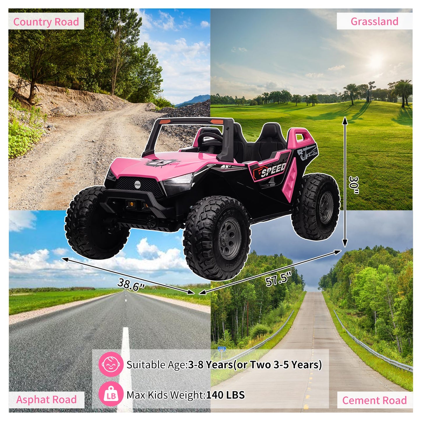 Garvee Ride - P Series: 24V 2-Seater Ride-On UTV: Remote Control, 4WD Motors, 21" Seats + Foldable Seat, 15.4" EVA Wheels, Music, LED Lights, 140lb Max Load - Pink