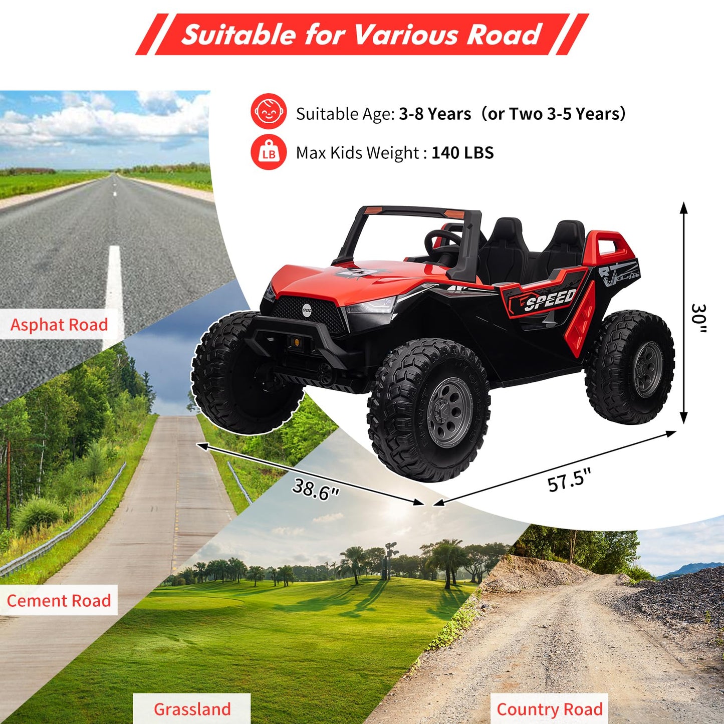 Garvee Ride - P Series: 24V 2-Seater Ride-On UTV: Remote Control, 4WD Motors, 21" Seats + Foldable Seat, 15.4" EVA Wheels, Music, LED Lights, 140lb Max Load - Red
