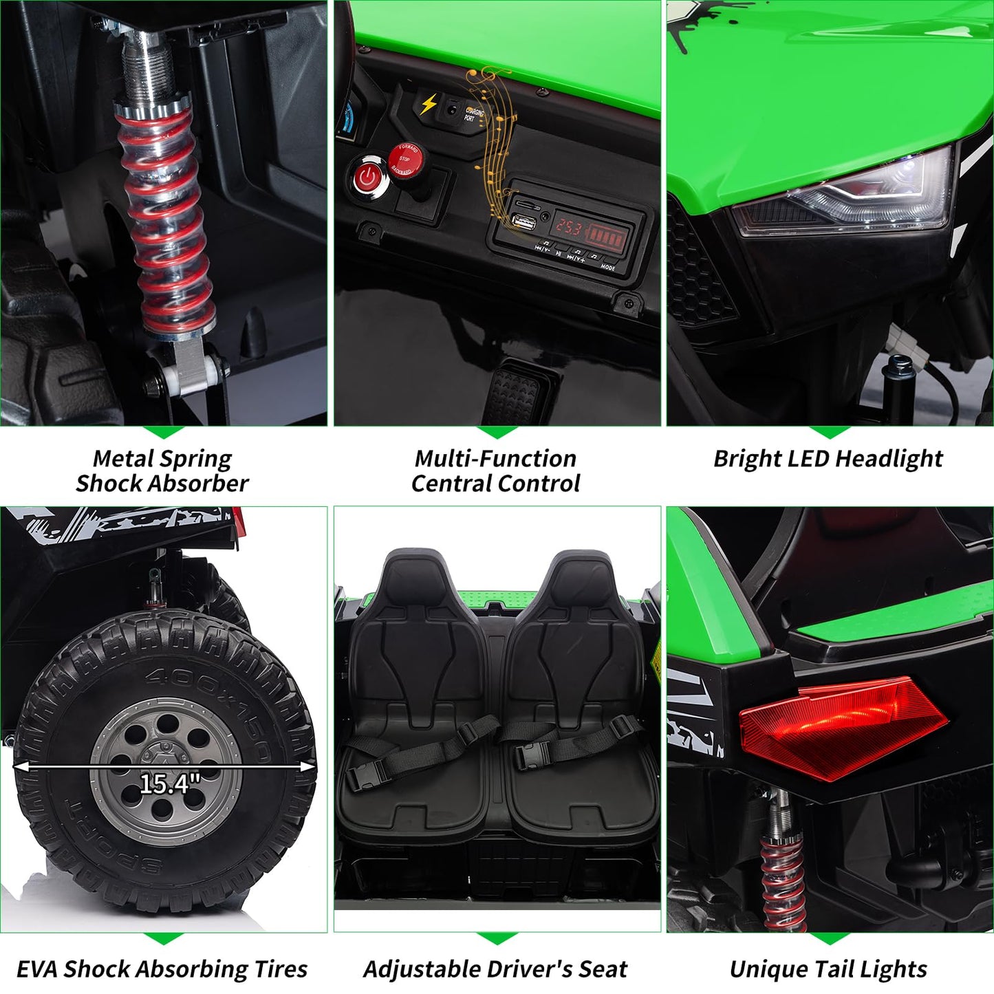 Garvee Ride - P Series: 24V 2-Seater Ride-On UTV: Remote Control, 4WD Motors, 21" Seats + Foldable Seat, 15.4" EVA Wheels, Music, LED Lights, 140lb Max Load - Green