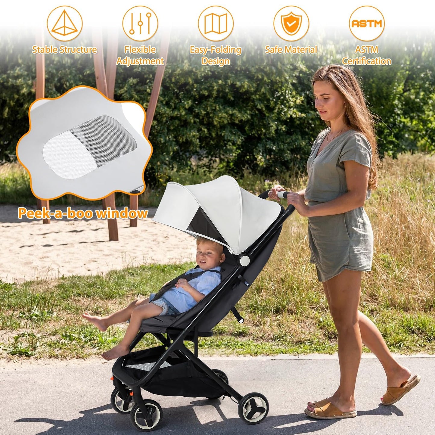 Garvee Lightweight Compact Stroller, One Hand Fold, Airplane Friendly, Reclining Seat, Canopy, Smooth Suspension, Travel Ready, Pink, Ideal for Travel - Beige