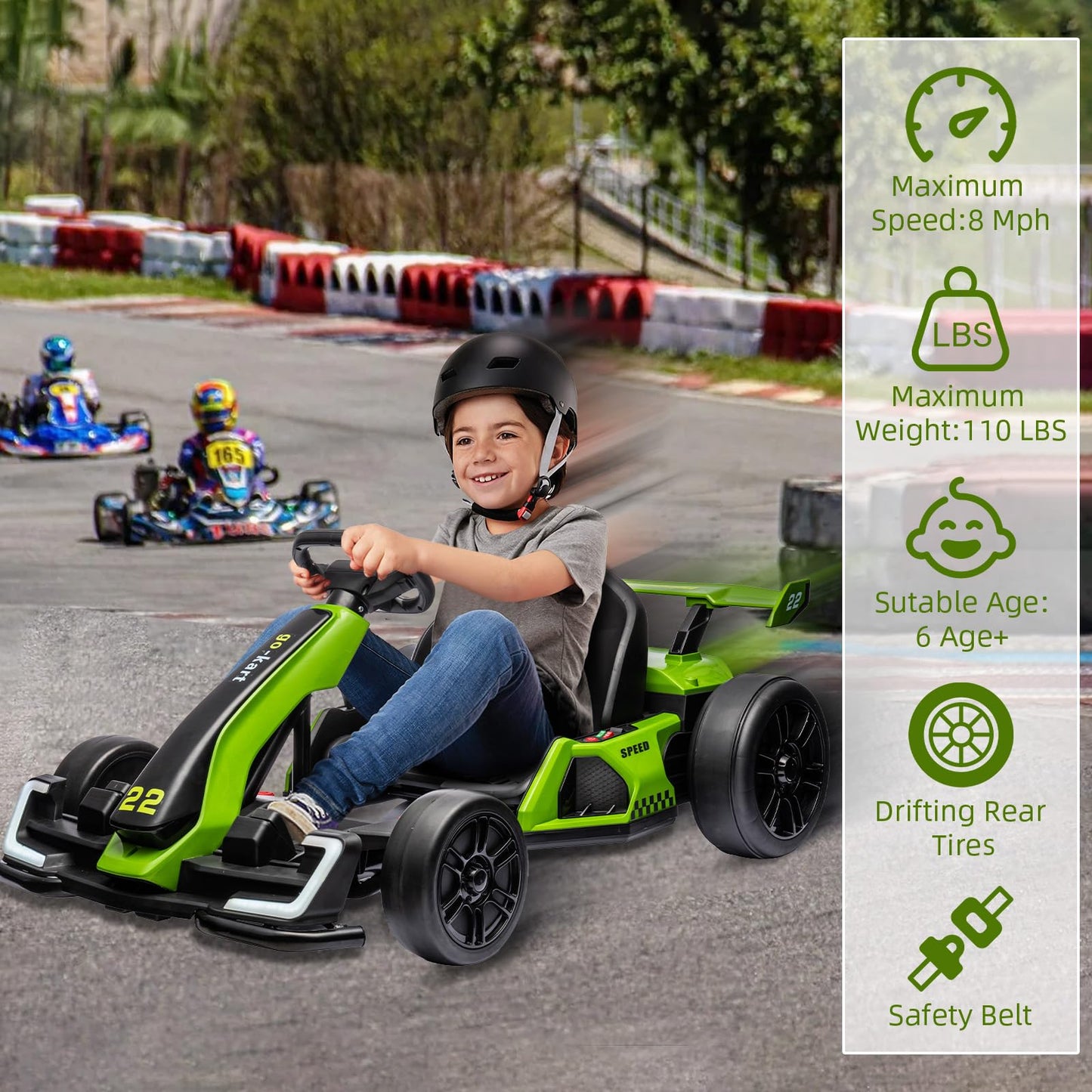 Garvee Ride - G Series: 24V Electric Go Kart, with 300W Strong Motor, Drift/Sport Mode, Big Battery, Eva Tire,Length Adjustment for Outdoor Racing Toy-Green