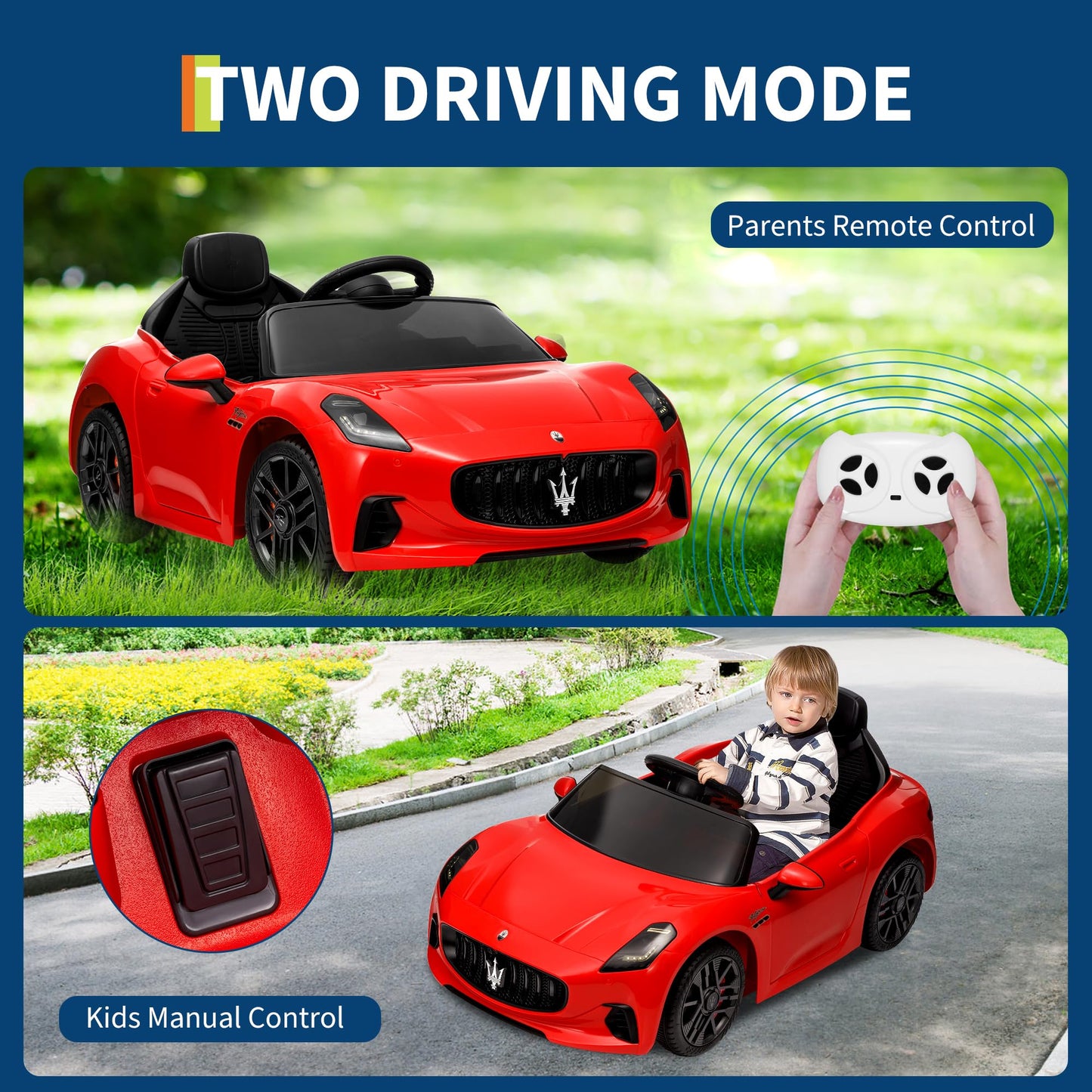 Garvee Ride - P Series: 12V Battery Powered Motorized Car for Kids with Remote Control, Spring Suspension, Double Doors, Bright Lights, 4 Wheel Electric Vehicle, Red