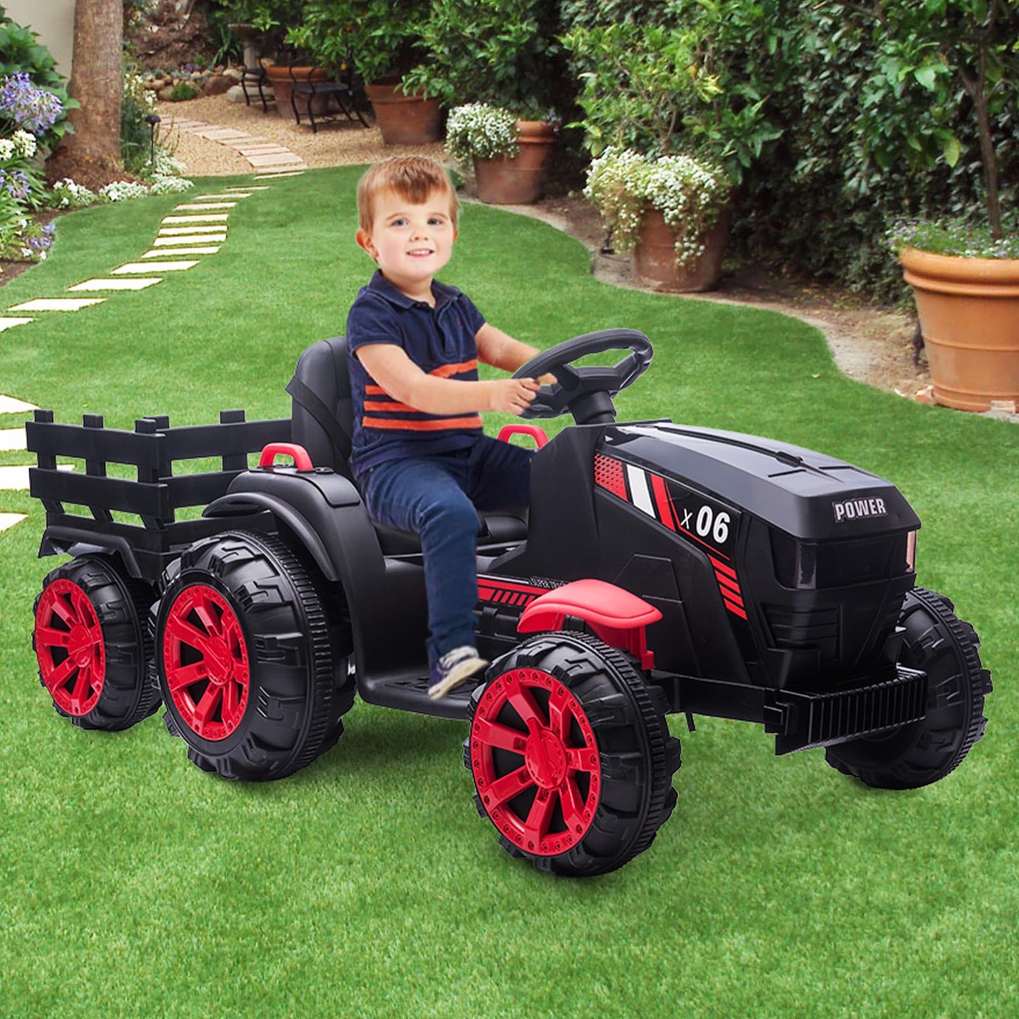 Garvee Ride - P Series: 12V Kids Ride On Tractor with Trailer, LED Lights for Boy Girl - Black
