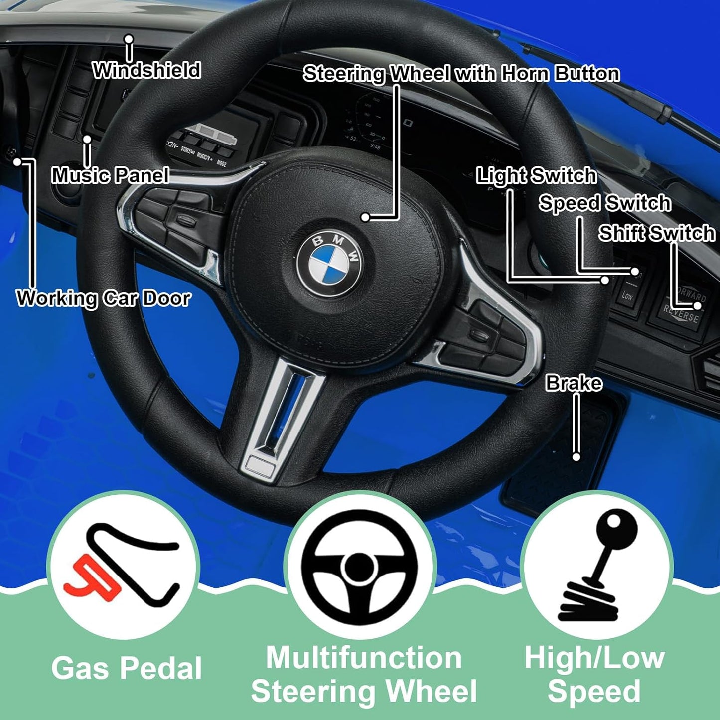 Garvee Ride - P Series: 12V Electric Ride On Car for 37-83 Months, w/RC,Licensed by BMW M4,Power Wheels for Boys Girls, with Suspension System,3 Speeds, Bluetooth, MP3, Double Door, LED Light - Blue