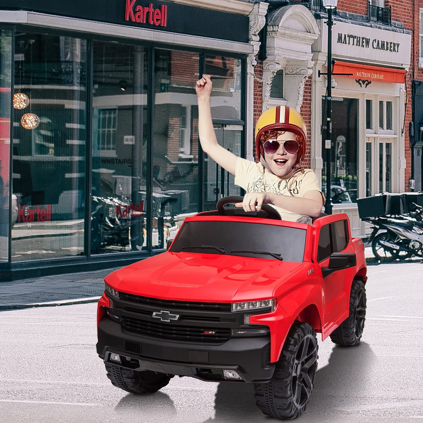 Garvee Ride - P Series: 12V Ride on Car with Remote Control, Battery Powered Licensed Chevrolet Silverado GMC Kids Ride On Truck, Toddler Electric Vehicles Toys,Music,FM,Bluetooth, Spring Suspension, LED Light - Red