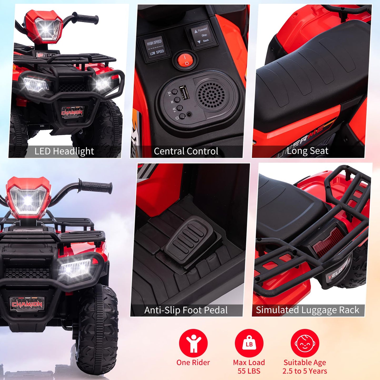 Garvee Ride - P Series: 12V Ride on Quad ATV for Kids, Electric Vehicle for Toddlers, High/Low 2.2mph Safety Speed for Child, Forward/Backward,LED Light, Music,USB for Boys Girls Gift- Red