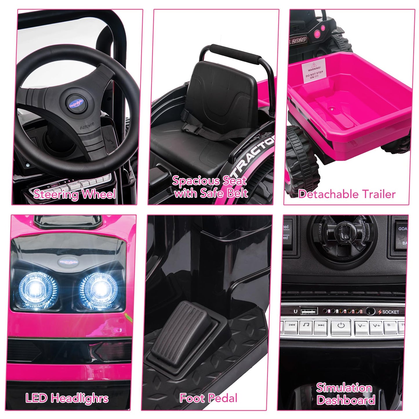 Garvee Ride - P Series: 12V Electric Ride-On Tractor for Kids with Trailer, Remote Control, Music, LED Lights, and Rear Wheel Suspension - Battery Powered Toy Vehicle - Pink