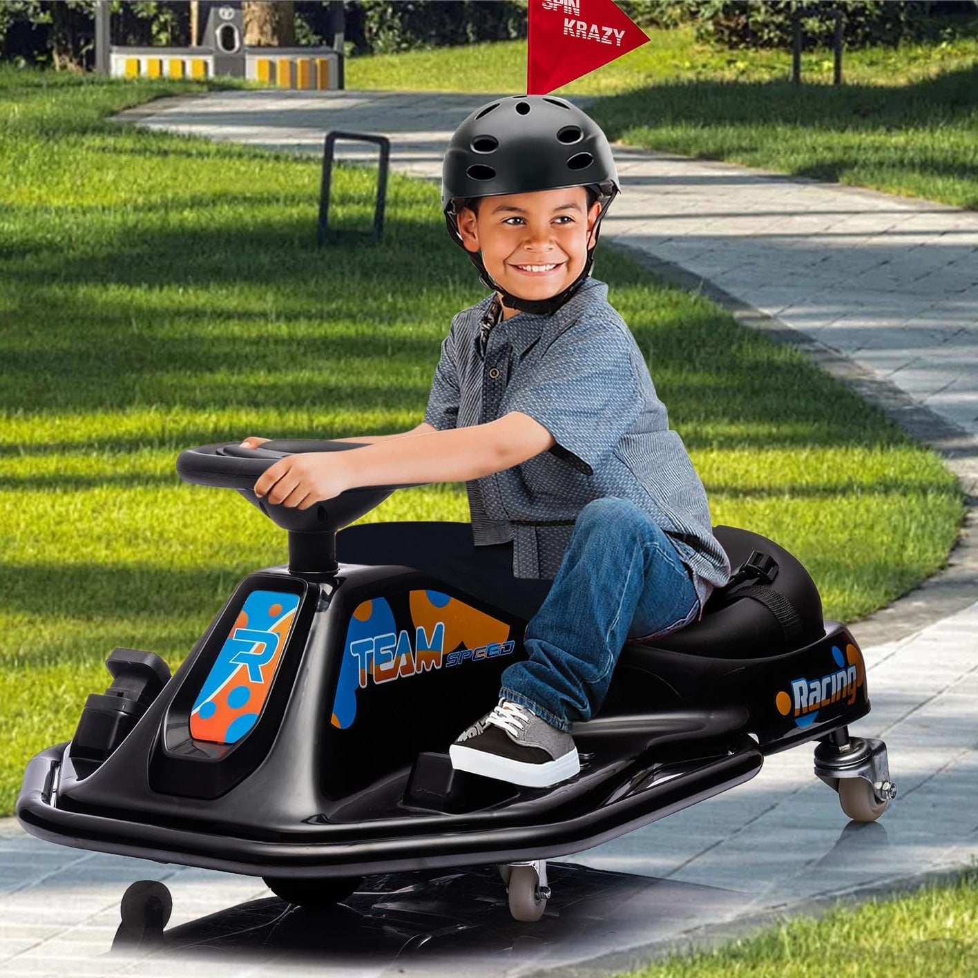 Garvee Ride - P Series: 360 Degrees Rotating Ride On Drift Car,Electric Drifting Go Kart,24V Ride On Race Car,Variable Speed for Kids,Simplified Drift System,Flashing Lights, Flag, Music - Black
