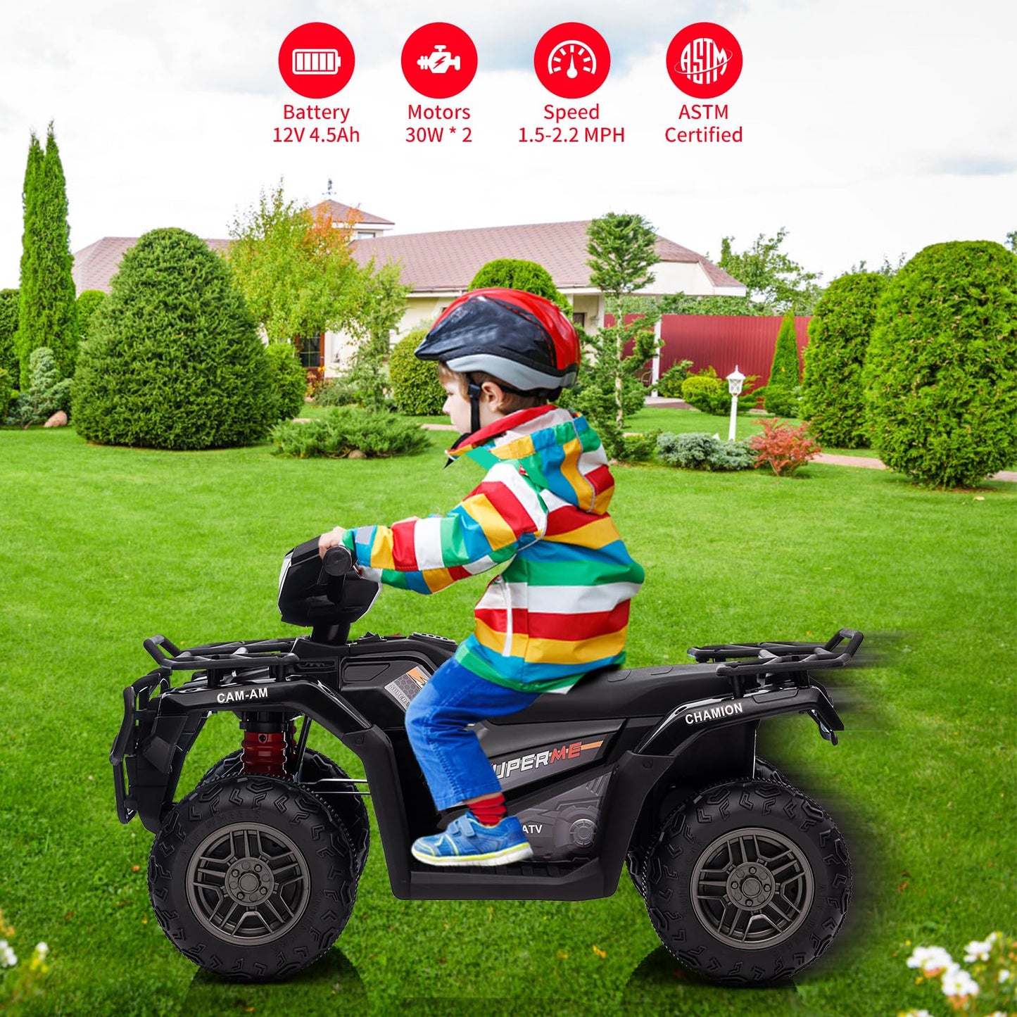 Garvee Ride - P Series: 12V Ride on Quad ATV for Kids, Electric Vehicle for Toddlers, High/Low 2.2mph Safety Speed for Child, Forward/Backward,LED Light, Music,USB for Boys Girls Gift- Balck
