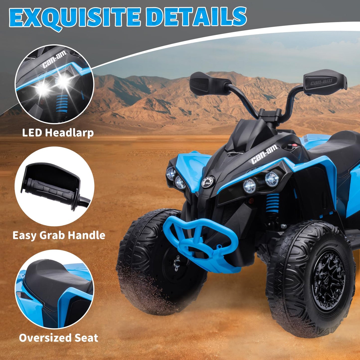 Garvee Ride - P Series: 12V Ride on Toy Car Bombardier Licensed BRP Can-am 4 Wheeler Quad Electric Vehicle, w/LED Lights, Spring Suspension, Bluetooth, Music, USB, Treaded Tires, White - Blue