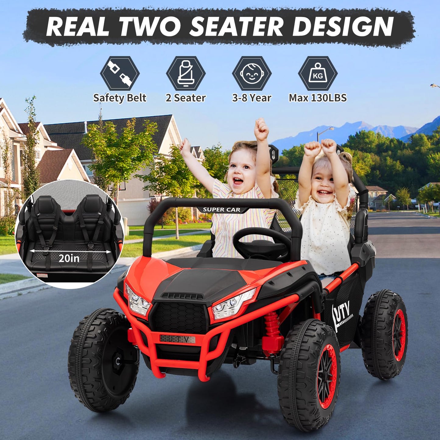 Garvee Ride - P Series: 24V 2 Seater Ride On Car, XXXL Off-Road Utv for Kids w/Metal Frame, 20 Inch Wide Seat, 400W Electric Vehicle Toy Car w/Pop Music, 3 Speeds for Boys and Girls,Red