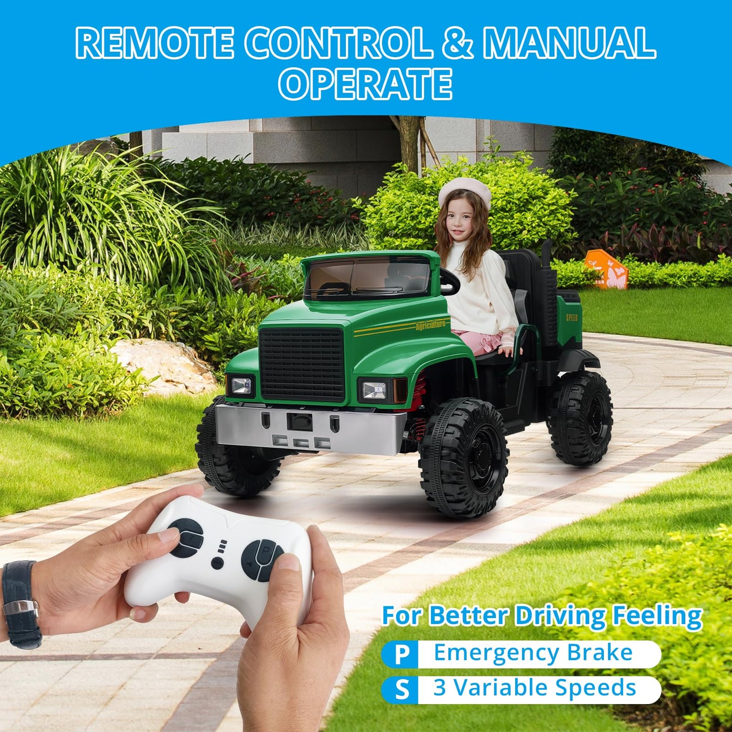 Garvee Ride - P Series: 24V Ride On Truck with Remote Control Electric UTV Vehicles with Dump Bed, 4WD Power 4x200W Motors,4xSpring Suspension, 3 Speeds, 2 Seater Kids Ride On Toys Best Gifts for Kids - Green