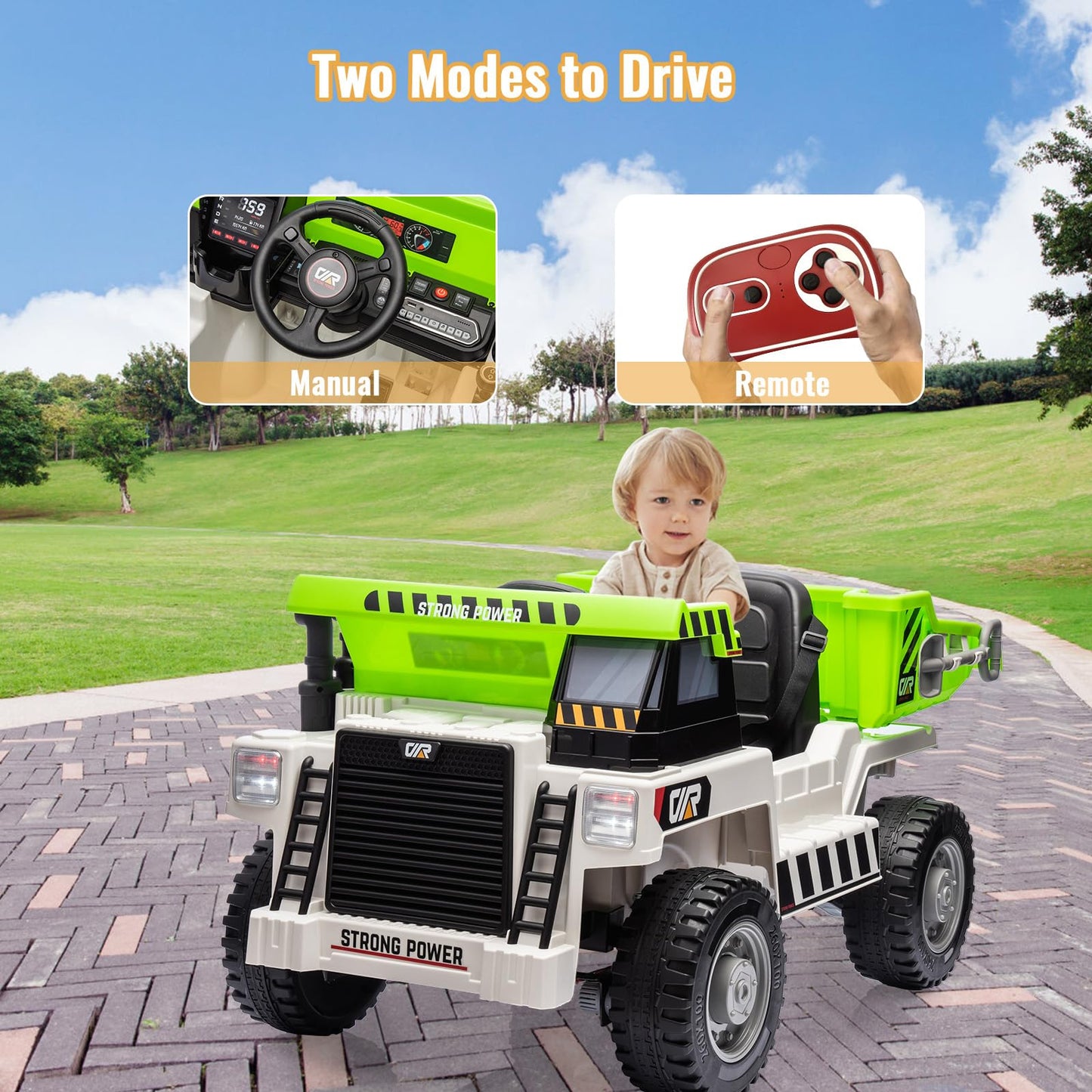 Garvee Ride - P Series: 4WD Ride On Car with Dump Truck, Electric Car for Kids with Remote Control, Toddler Car with Electric Dump Bed & Shovel, 2 Speeds,