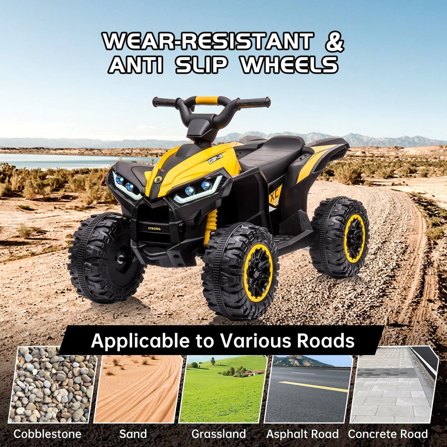 Garvee Ride - P Series: 12V Kids Quad ATV 4 Wheeler with Music, LED Lights for Boys & Girls - Yellow