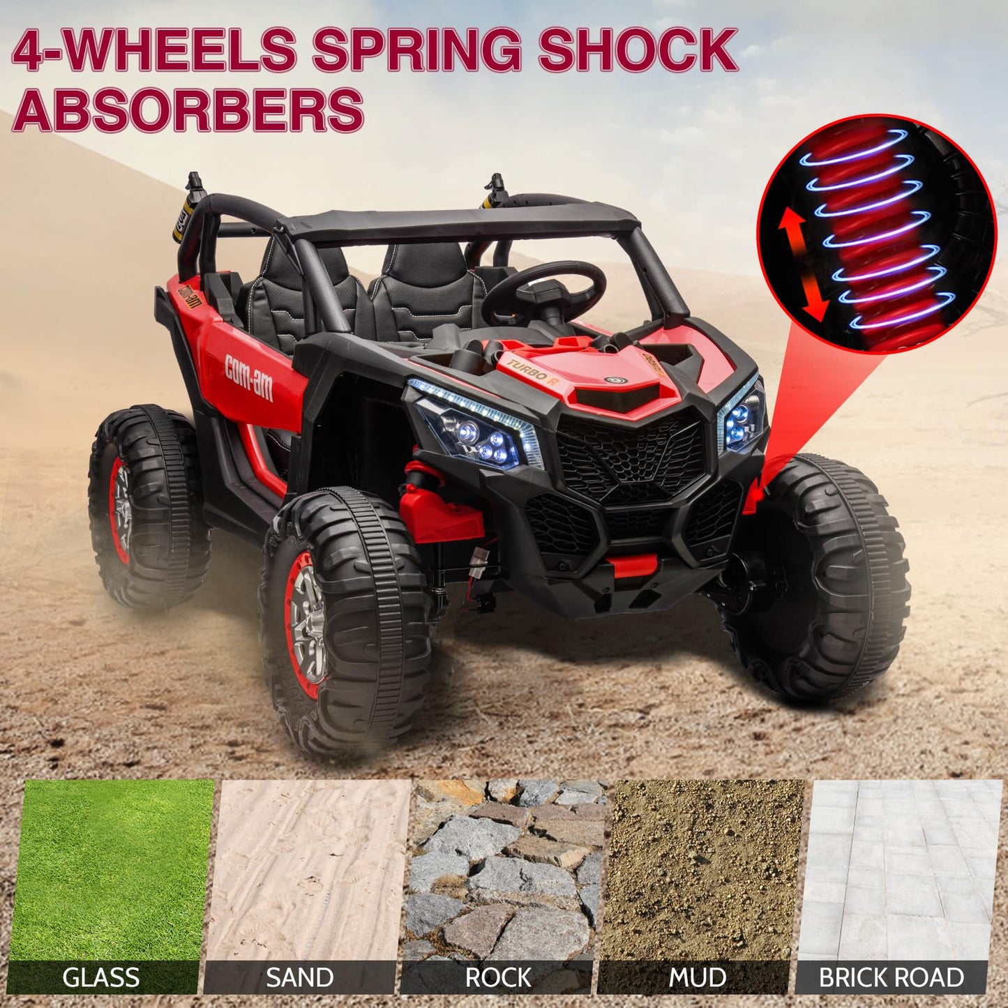 Garvee Ride - P Series: 24V 2 Seater Kids Ride on UTV Car For age 3+, w/Remote Control, 4WD Powerful Electric Vehicle with 4x75W Motors, 4 Shock Absorber, Leather Seat, Music and Light - Red
