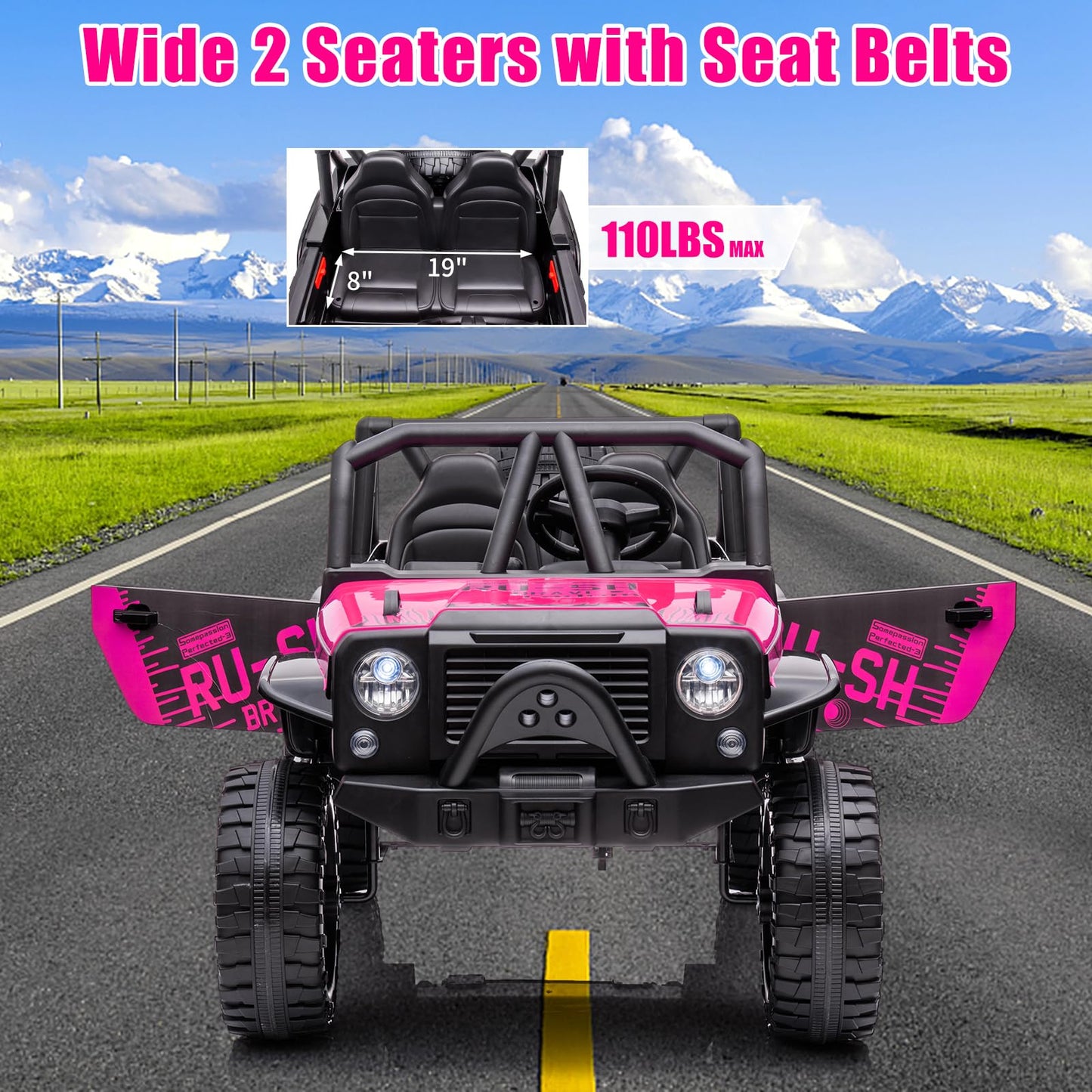 Garvee Ride - P Series: 2-Seater Ride On Truck for Kid, 24V Battery Powered Kids Car with Remote Control, 19" Extra Wide Seat, 2 Motors, Led Light, Enhanced Suspension - Rose
