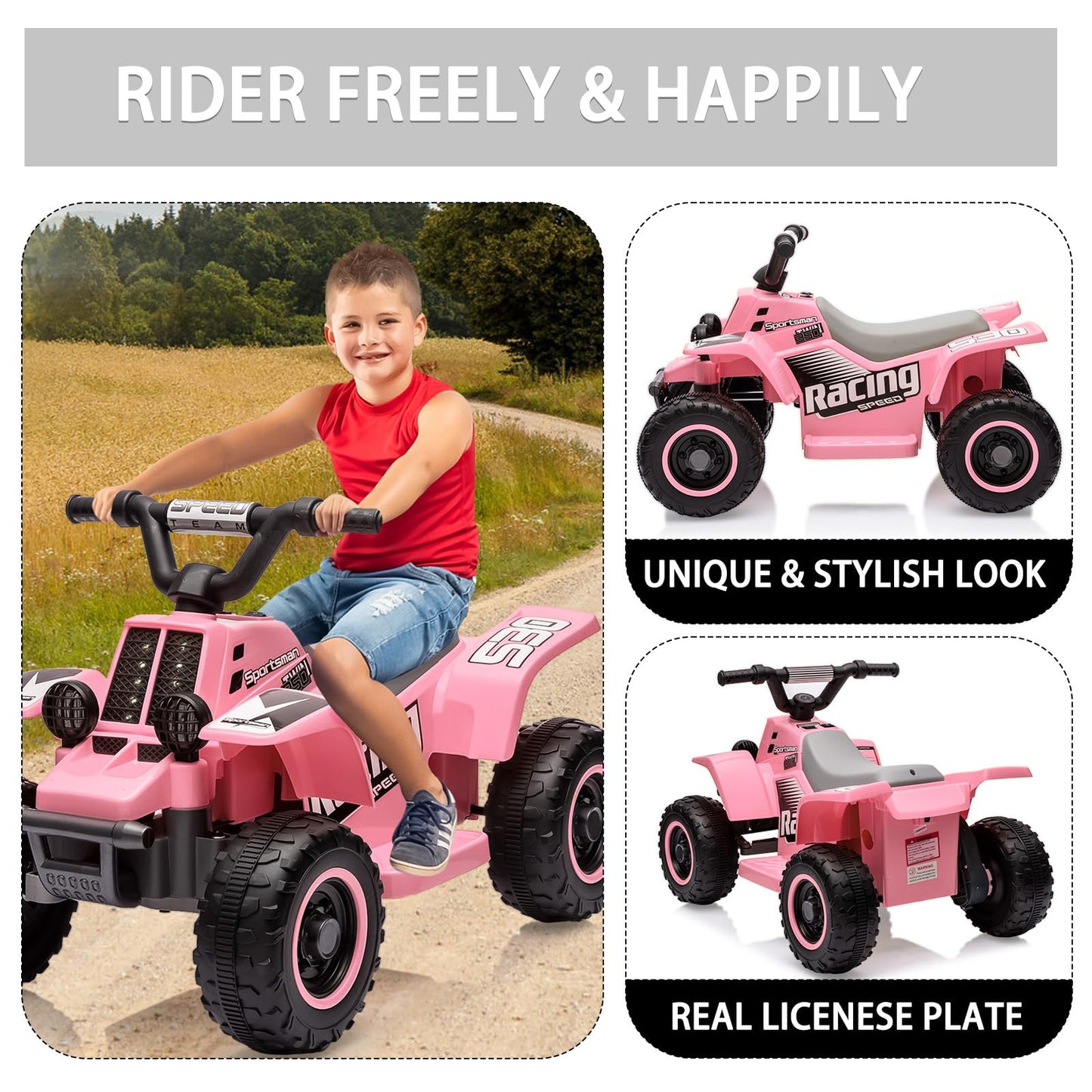Garvee Ride - P Series: 6V Kids Ride On Electric Quad ATV, Ride Car with LED Headlights, Ride-On Toy for Toddlers 1-3 Boys & Girls with Music, Forward & Reverse - Pink