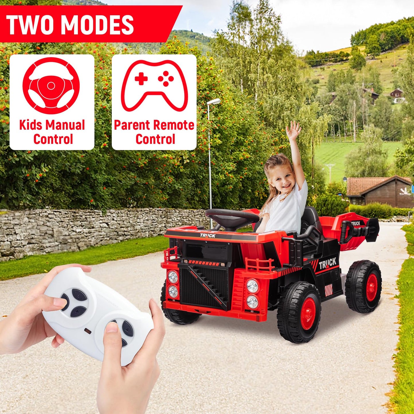 Garvee Ride - P Series: 12V Ride On Construction Vehicle for Kids With Remote Control, Electric Dump Bed,Shovel,Music Player, and Four Wheel Shock Absorption for Kids 3+(Red)