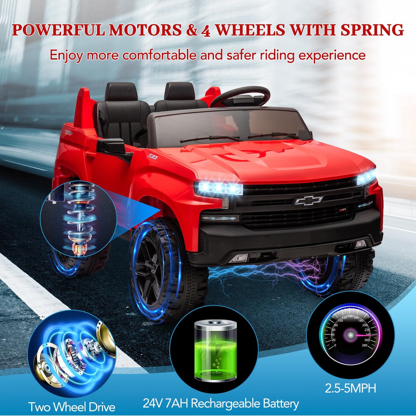 Garvee Ride - P Series: 24V 2-Seater Ride On Car For Kids For 3 - 8 years, Licensed Chevrolet Silverado - Red