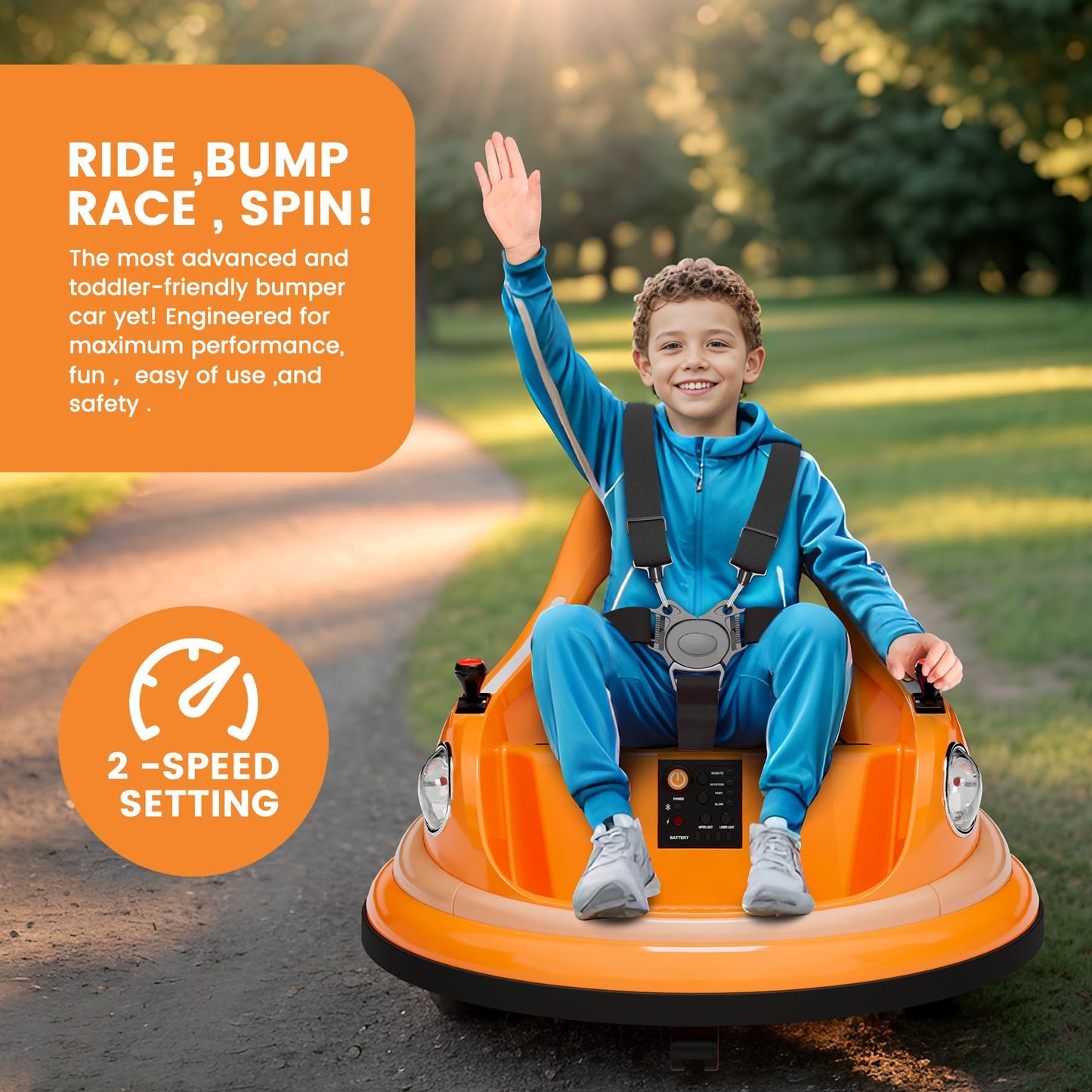 Garvee Ride - P Series: 12V Ride on Toddler Bumping Car W/Remote Control, LED Lights & 360 Degree Spin, ASTM Certified - Orange