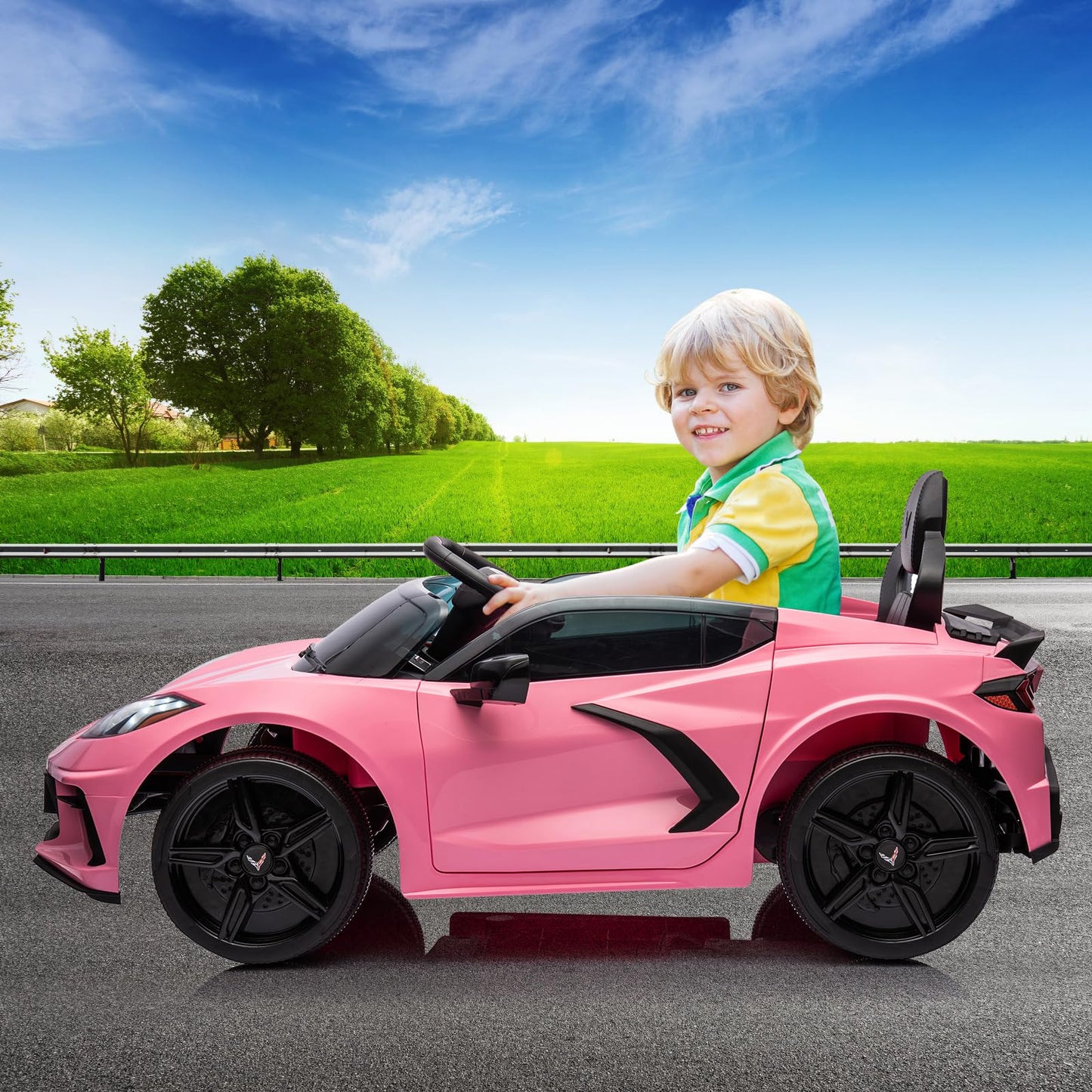 Garvee Ride - P Series: 12V Kids Ride on Car Licensed Corvette Battery Powered Car Toddles Electric Sports Car Toy with Remote Control, Visual Dashboard, LED Lights, Music, Gifts for Boys Girls, Pink