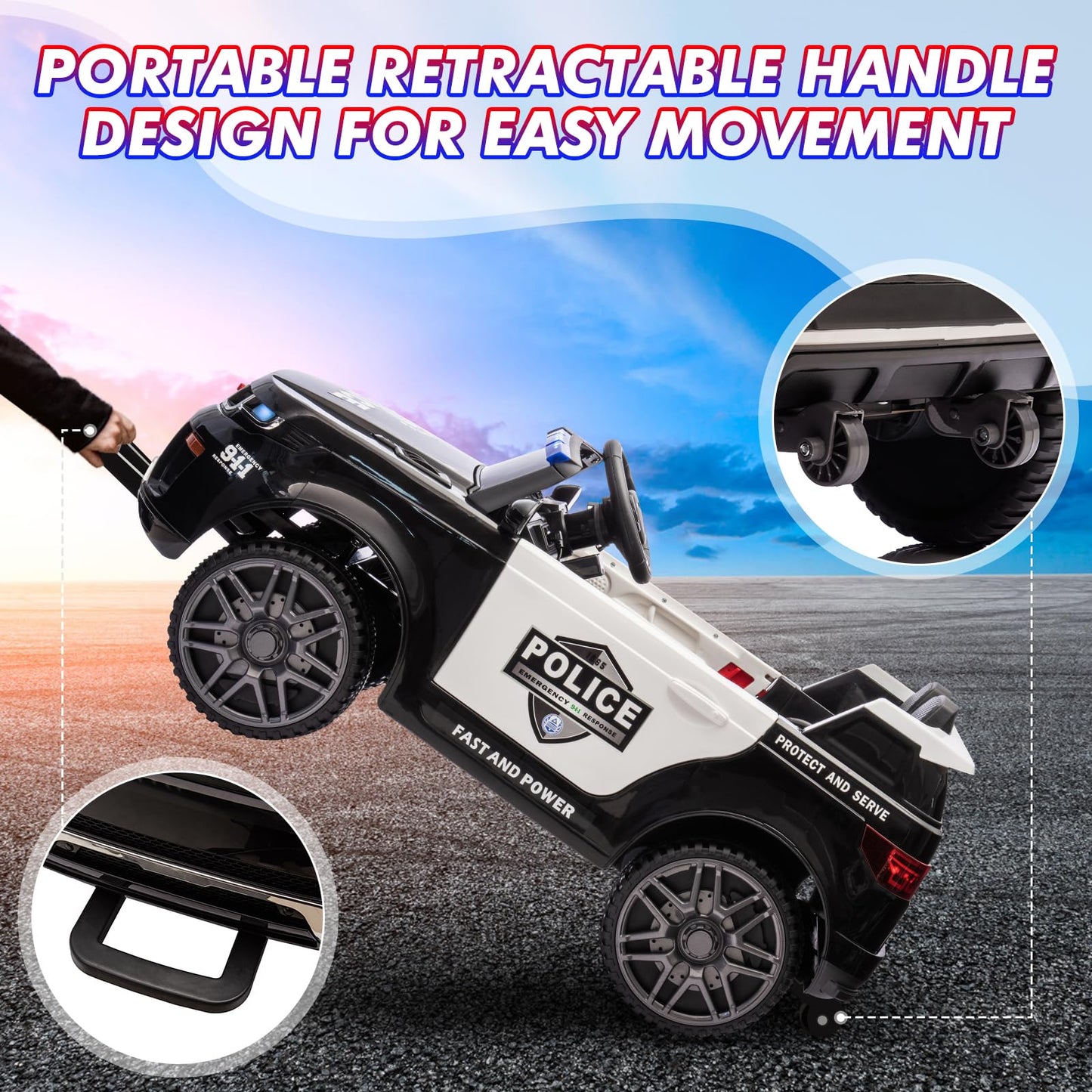Garvee Ride - P Series: 12V Kids Ride On Police Car Suv Battery Operated Ride On Toy Toddlers Electric Cars With 2.4G Remote Control, LED Flashing Light, Megaphone, Spring Suspension, Handle, Music, Black