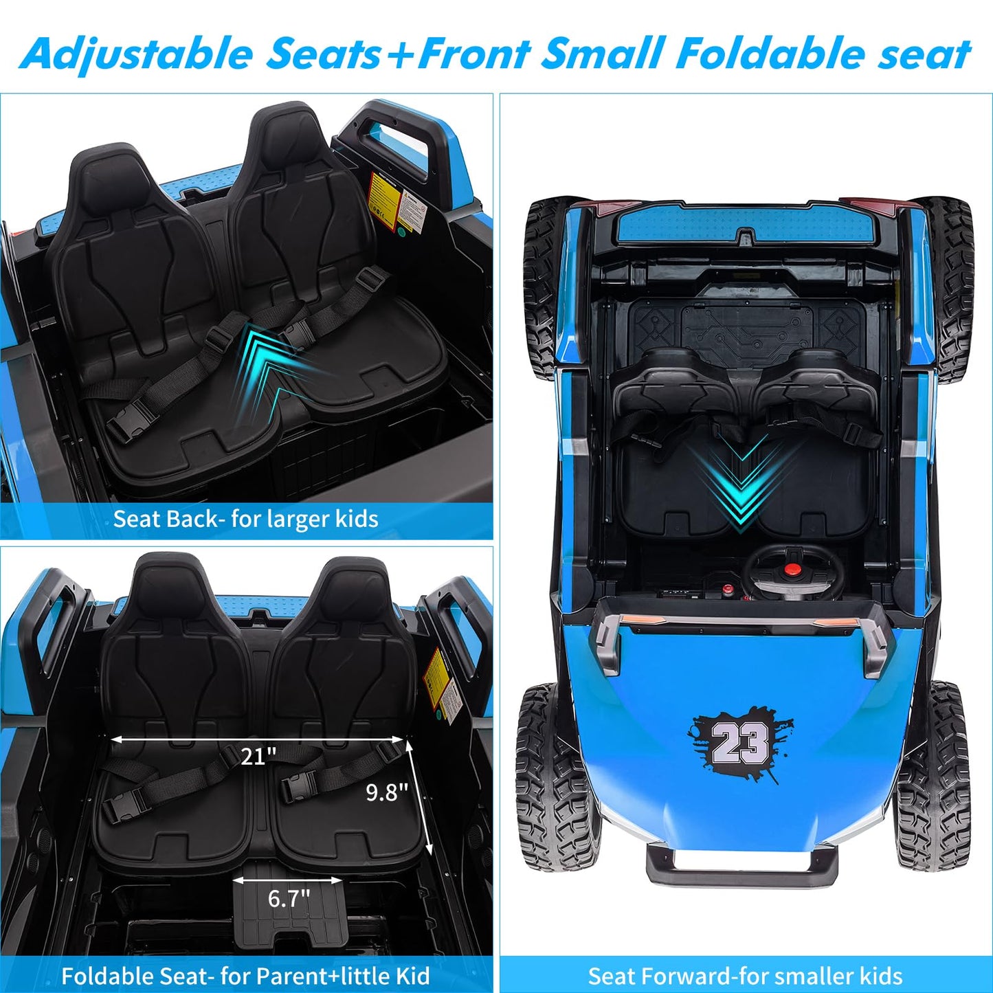 Garvee Ride - P Series: 24V 2-Seater Ride-On UTV: Remote Control, 4WD Motors, 21" Seats + Foldable Seat, 15.4" EVA Wheels, Music, LED Lights, 140lb Max Load - Blue
