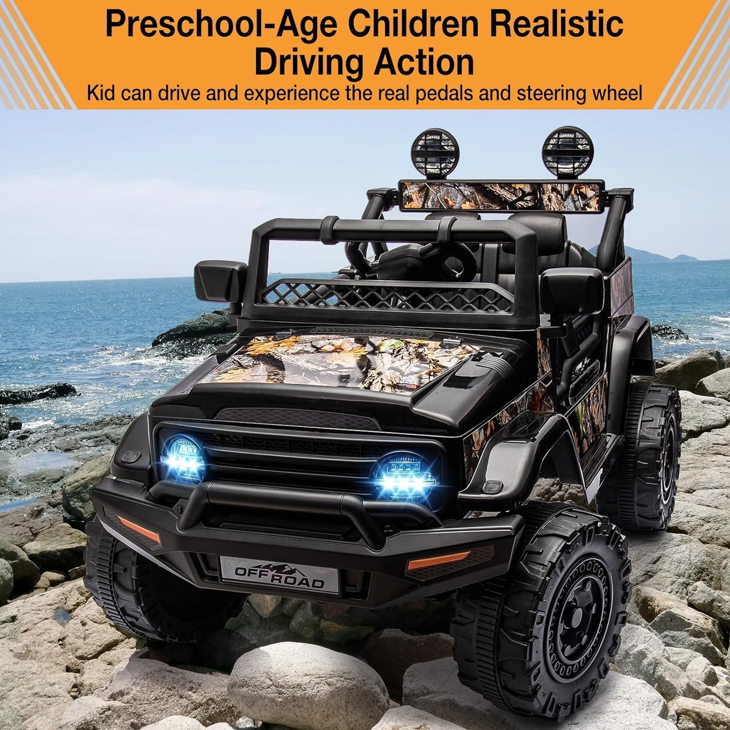 Garvee Ride - P Series: 12V Power Wheel Electric Car for Kids, Ride on Toys with Led Lights Bluetooth, 3 Speeds, Spring Suspension - Black