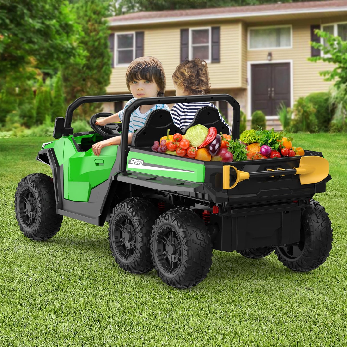 Garvee Ride - P Series: 24V 4WD Electric Ride On Dump Truck with Remote Control, 2-Seater, Music Player, LED Lights, Key Start Safety System, Durable Plastic, Off-Road Kids Toy for Ages 3+ - Green