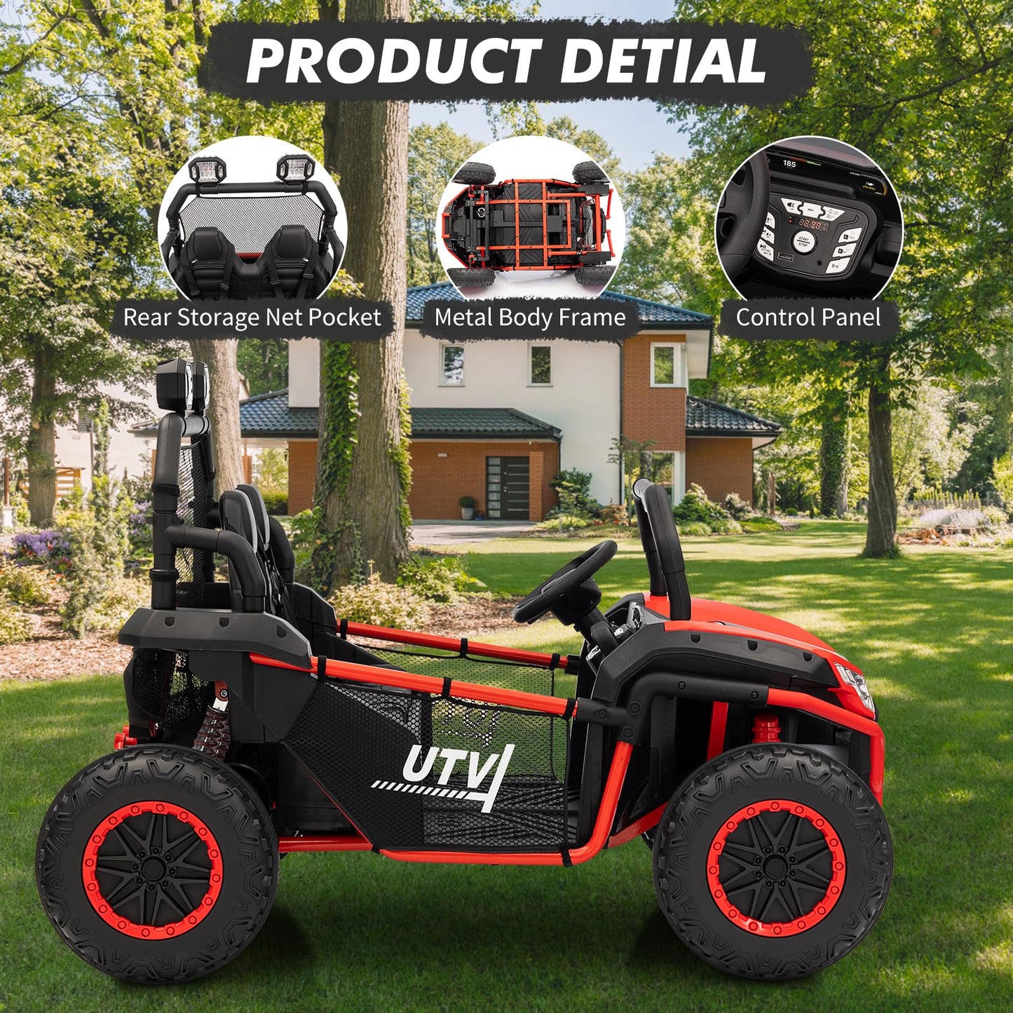 Garvee Ride - P Series: 24V 2 Seater Ride On Car, XXXL Off-Road Utv for Kids w/Metal Frame, 20 Inch Wide Seat, 400W Electric Vehicle Toy Car w/Pop Music, 3 Speeds for Boys and Girls,Red