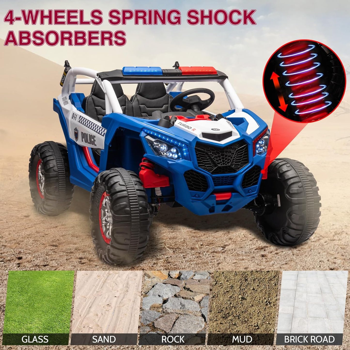 Garvee Ride - P Series: 24V 2 Seater Kids Ride on UTV Car For age 3+, w/Remote Control, 4WD Powerful Electric Vehicle with 4x75W Motors, 4 Shock Absorber, Leather Seat, Music and Light - Blue