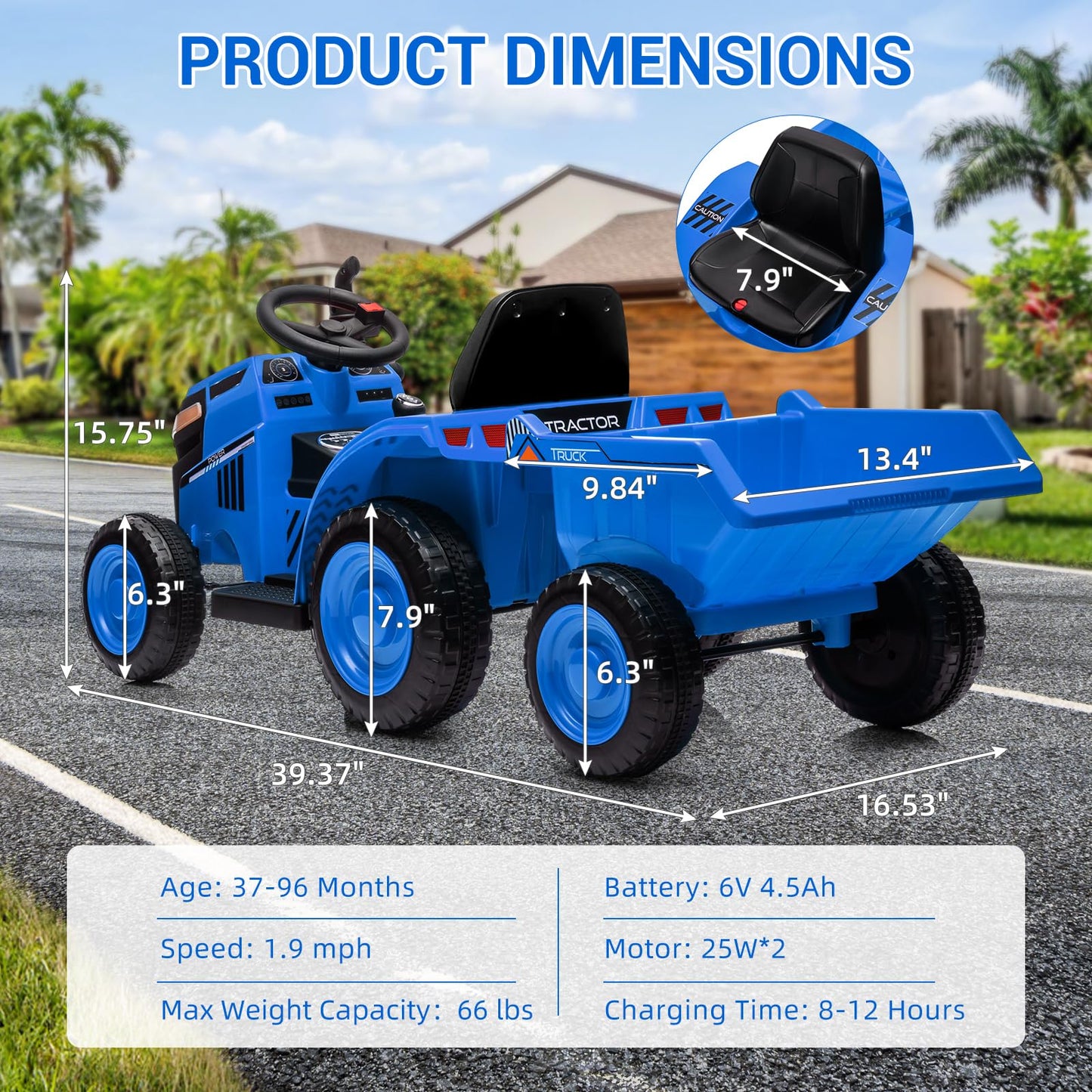 Garvee Ride - P Series: Kids Ride on Tractor with Trailer, Kids’ Electric Vehicles with Wear-Resistant Wheels, LED Headlights, Music & USB Port, Kids Ride on Car Toys for Toddlers Kids, Blue