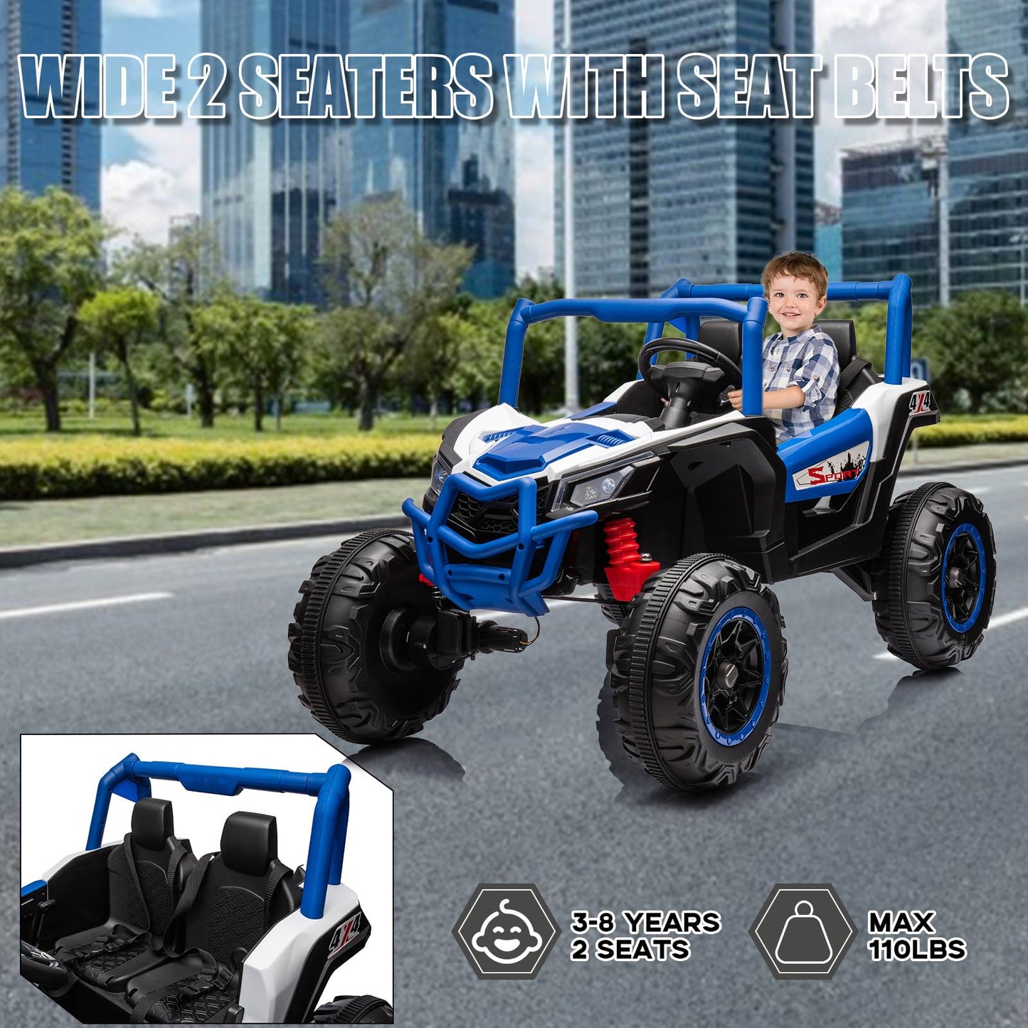 Garvee Ride - P Series: 24V 2-Seater Ride-On UTV, 4WD, Metal Frame, EVA Wheels, Remote Control, LED Lights, Spring Suspension, Outdoor Adventure Toy for Kids 3+ Blue